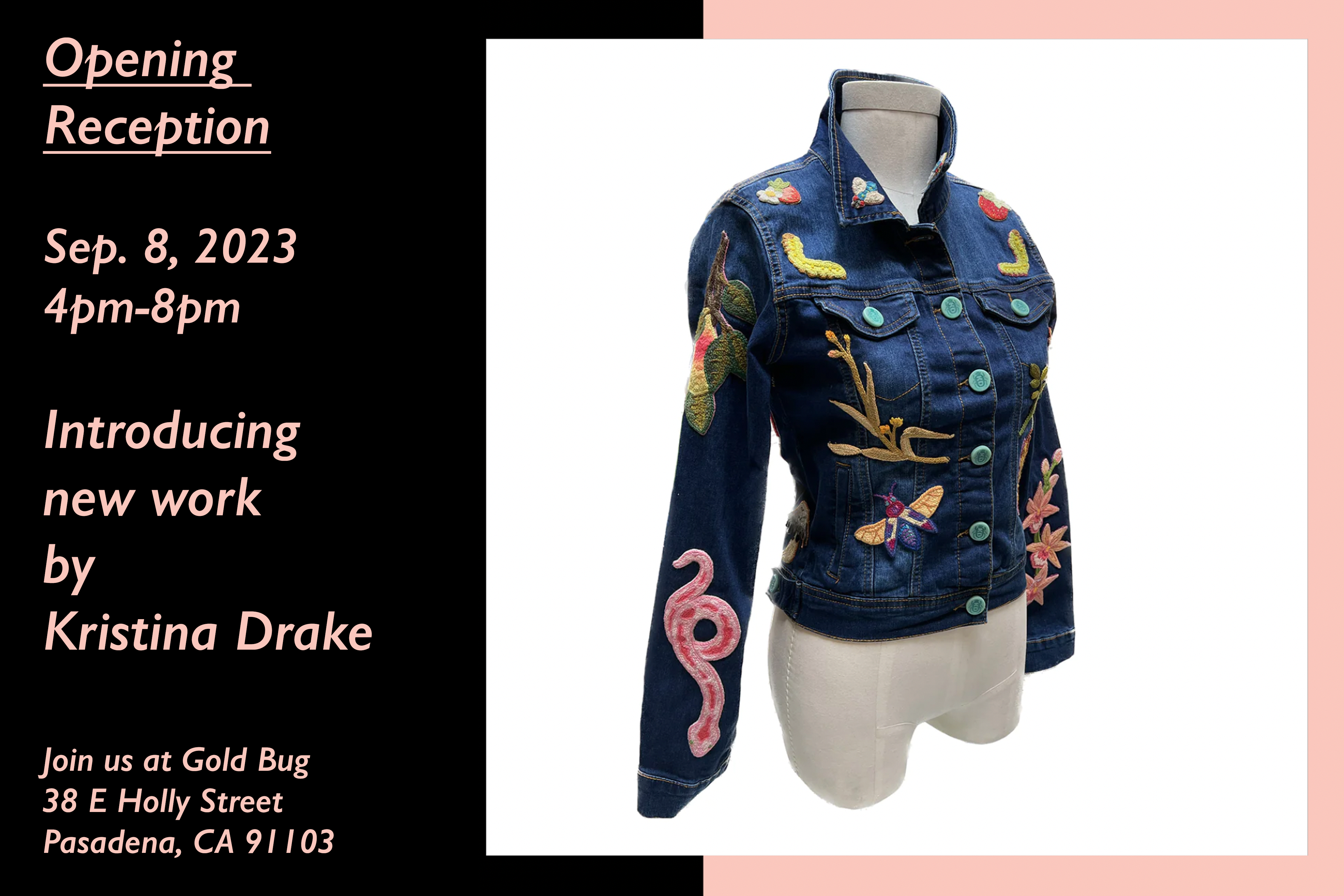 Invitation to opening reception for Kristina Drake's Apparel Exhibit on September 8, 2023 featuring a photo of the jean jackets that will be shown