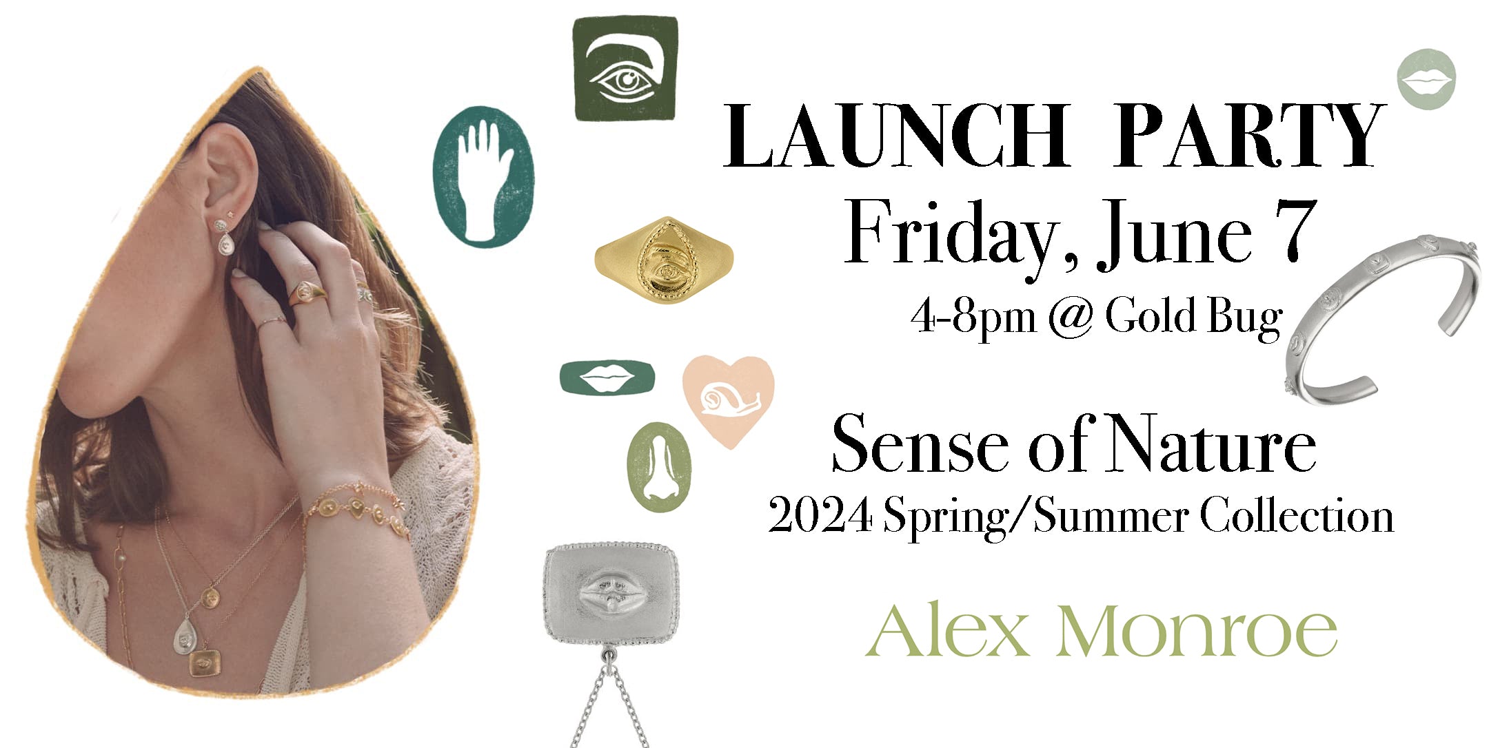 Alex Monroe Sense of Nature Launch Party Invite with image of jewelry