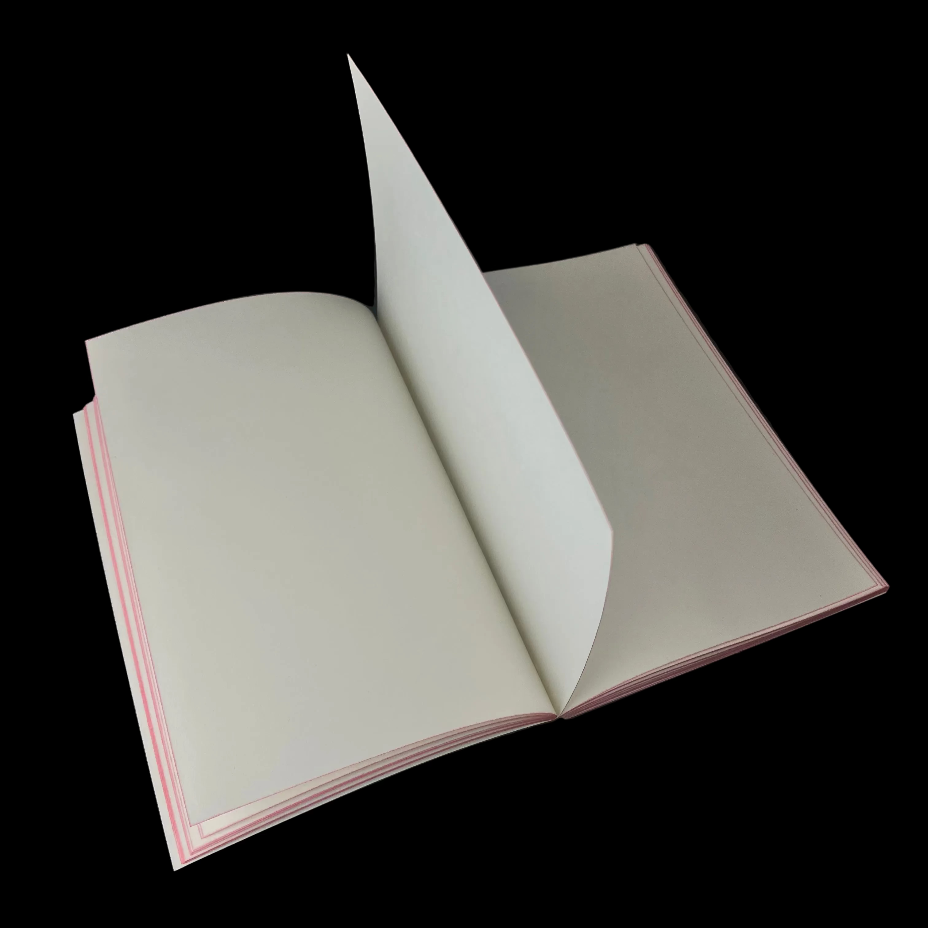 Open notebook with blank pages on a dark surface