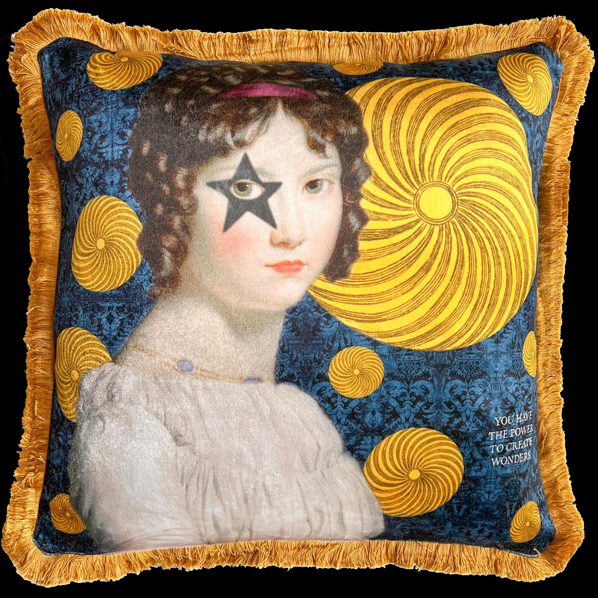 Front view of pillow with large yellow discs floating in deep blue background with young woman in foreground 