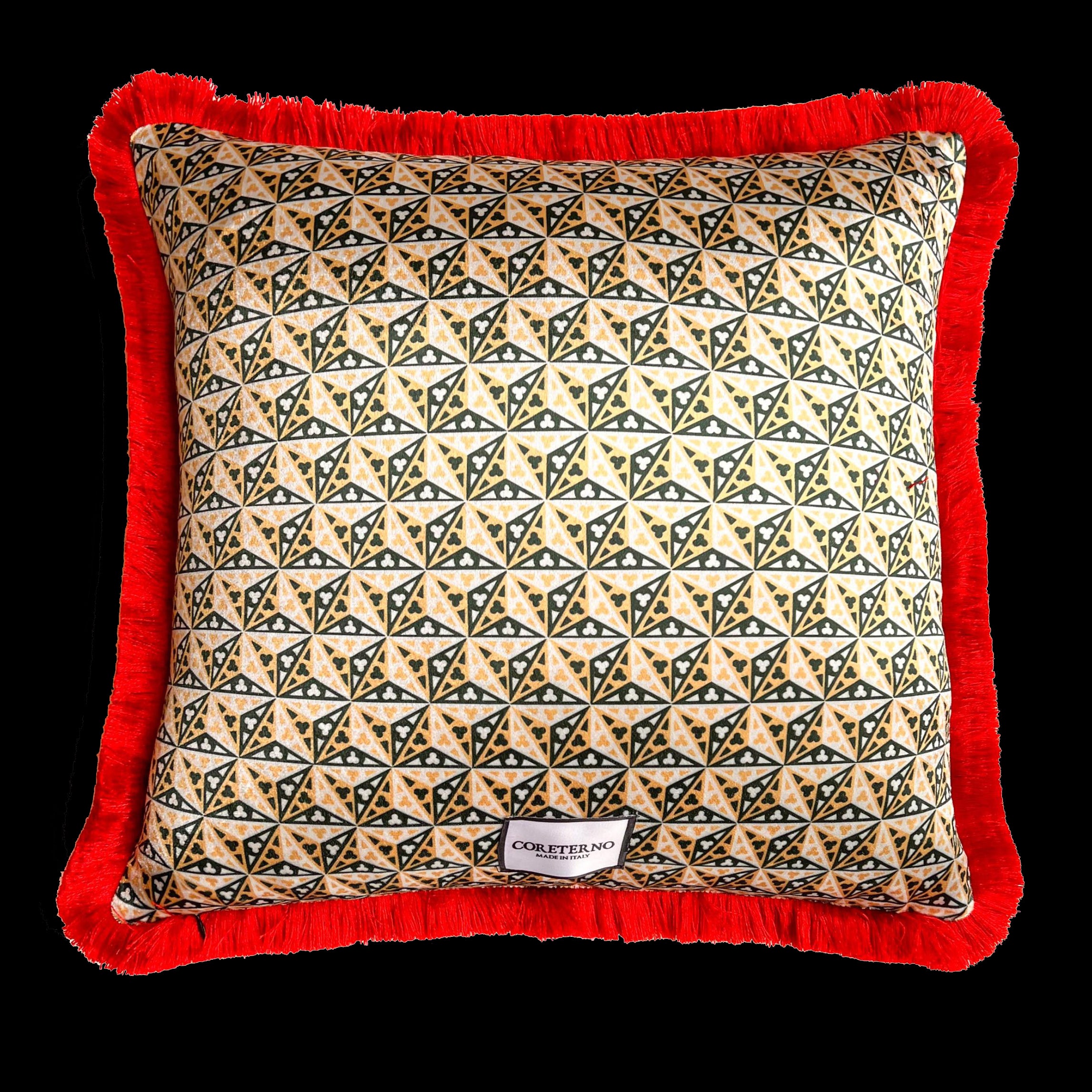 Back view of Zebra cushion with yellow, peach and blue geometric tile-like pattern