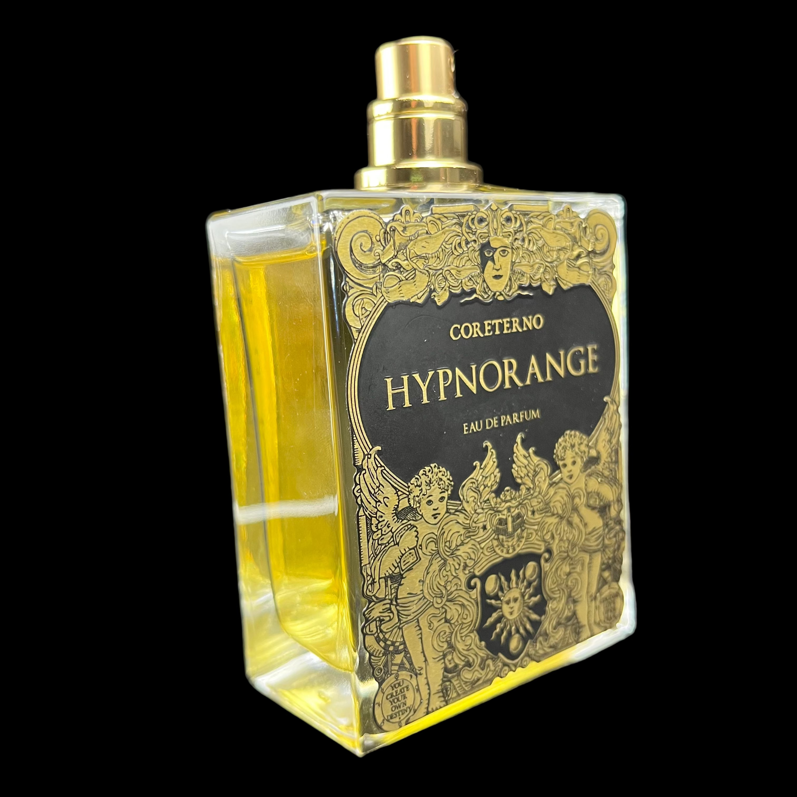 Perfume bottle labeled 'Hypnorange' with gold and black design on a dark background