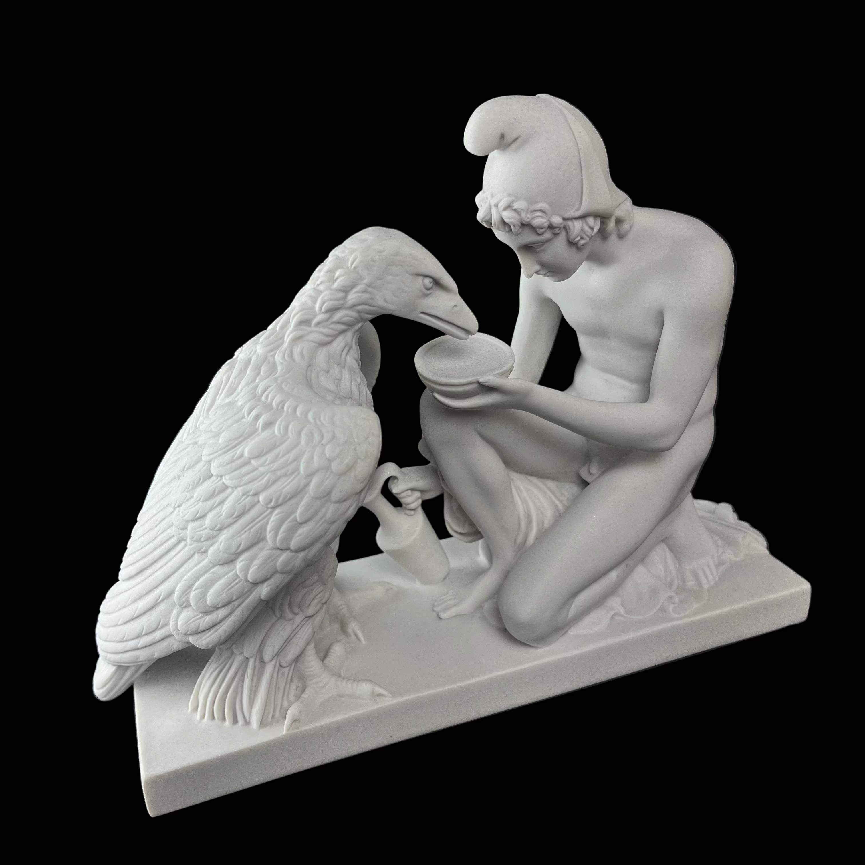 White marble statue of a seated figure with a bird on a dark background