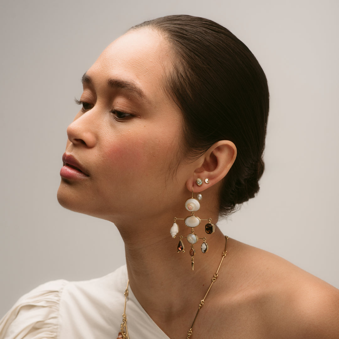 Layered Victorian Shell Earrings shown on model 