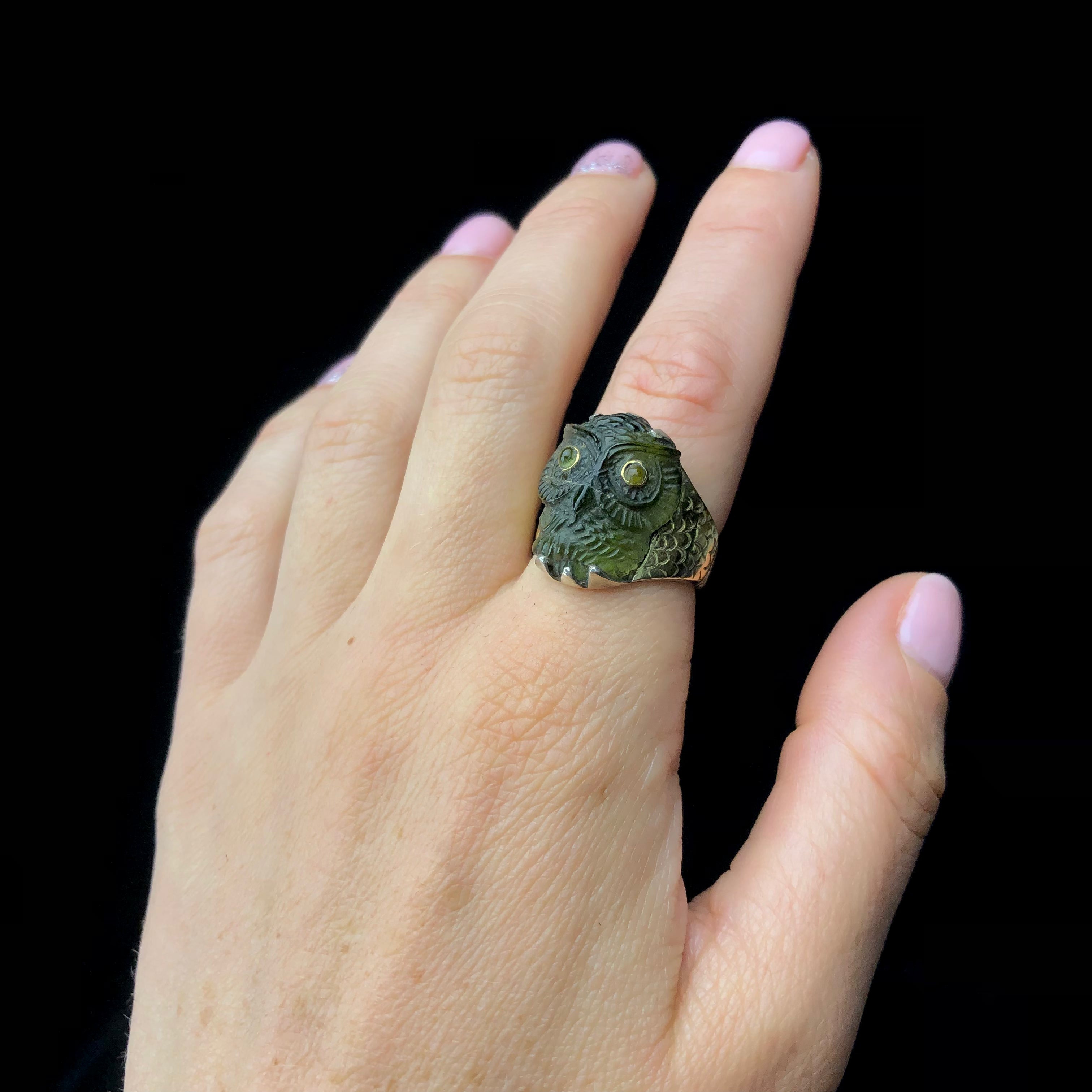 Owl Ring shown worn on pointer finger
