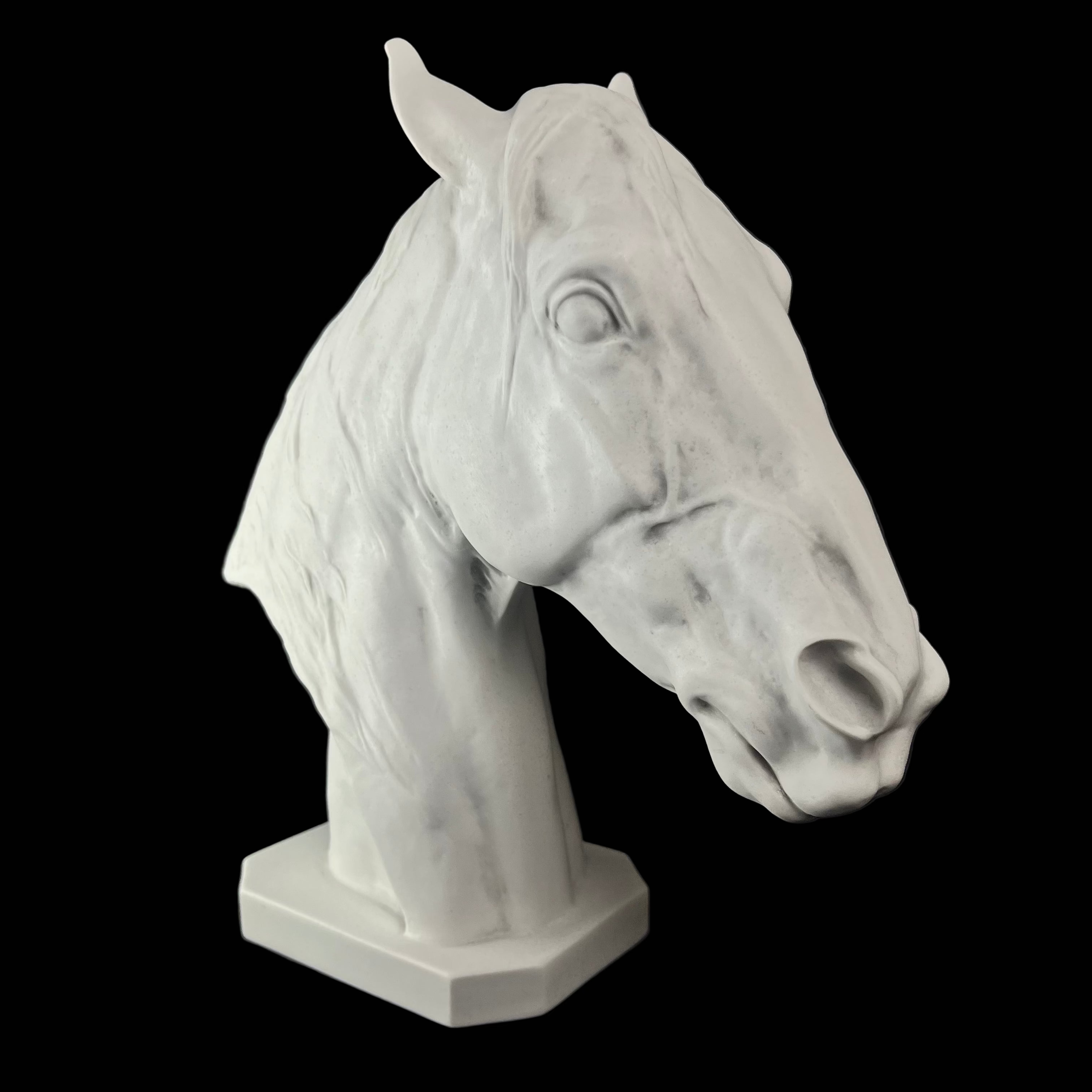 White marble horse head sculpture on a black background