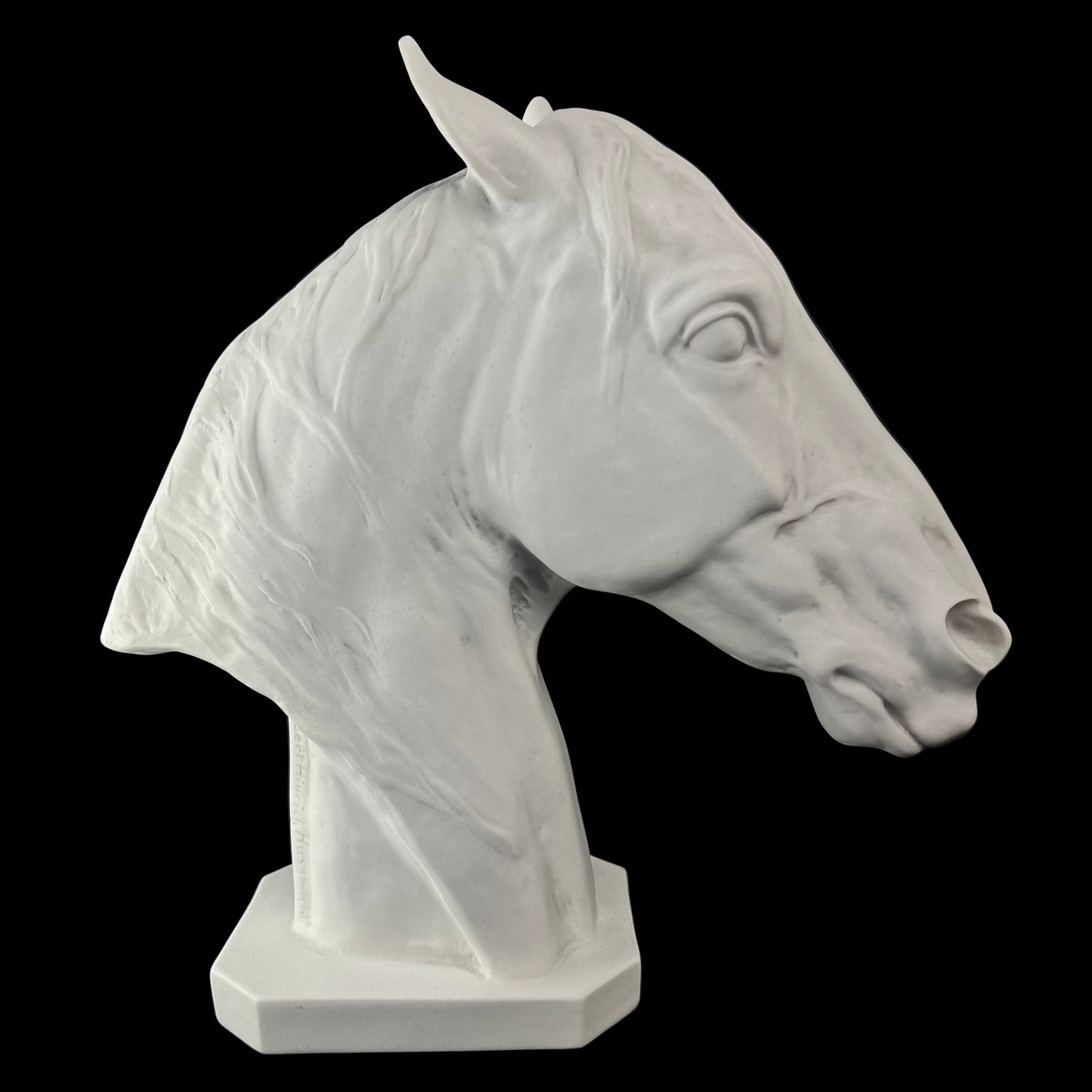 White horse head sculpture on a black background