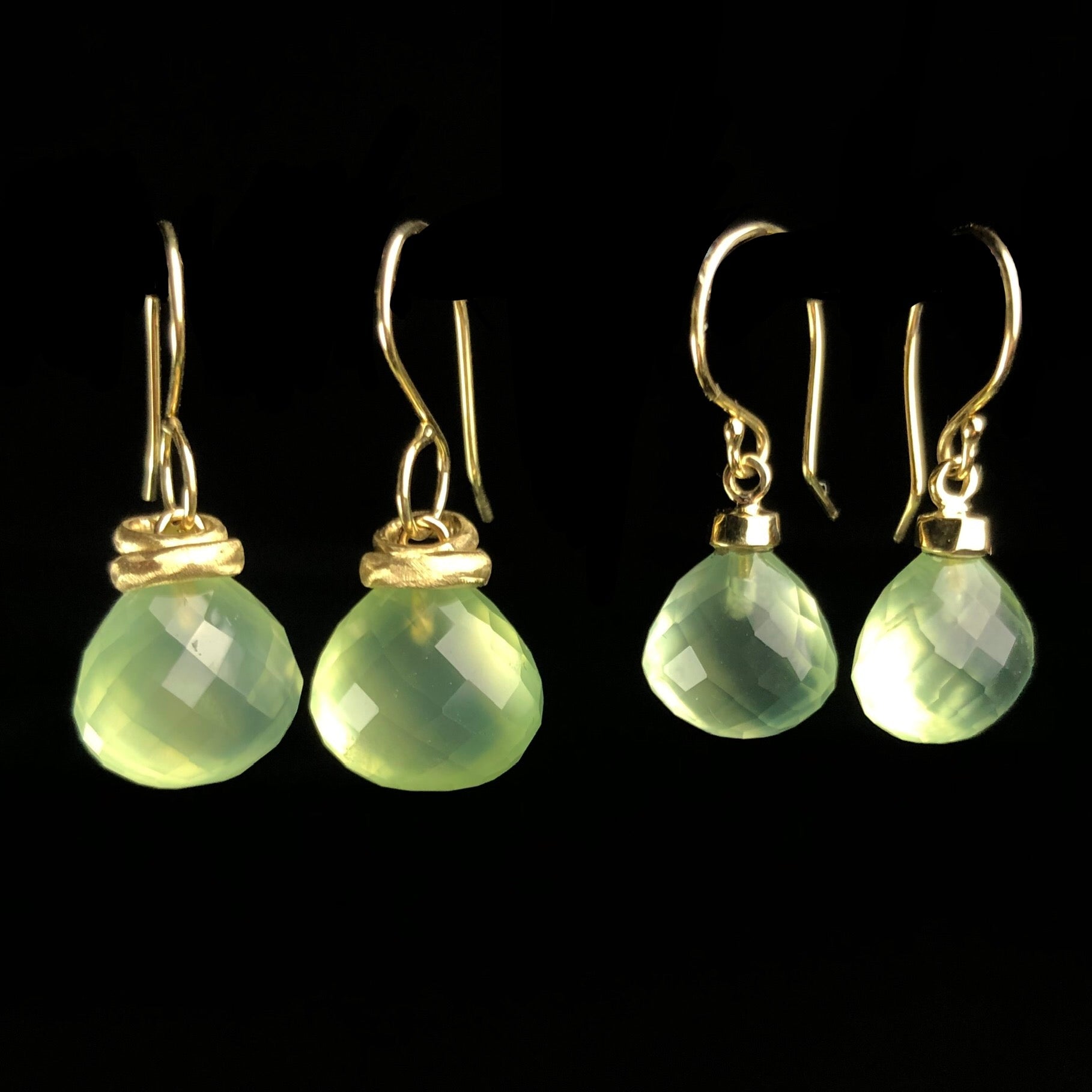 Prehnite Drop Earrings shown next to Prehnite Droplet Earrings from size