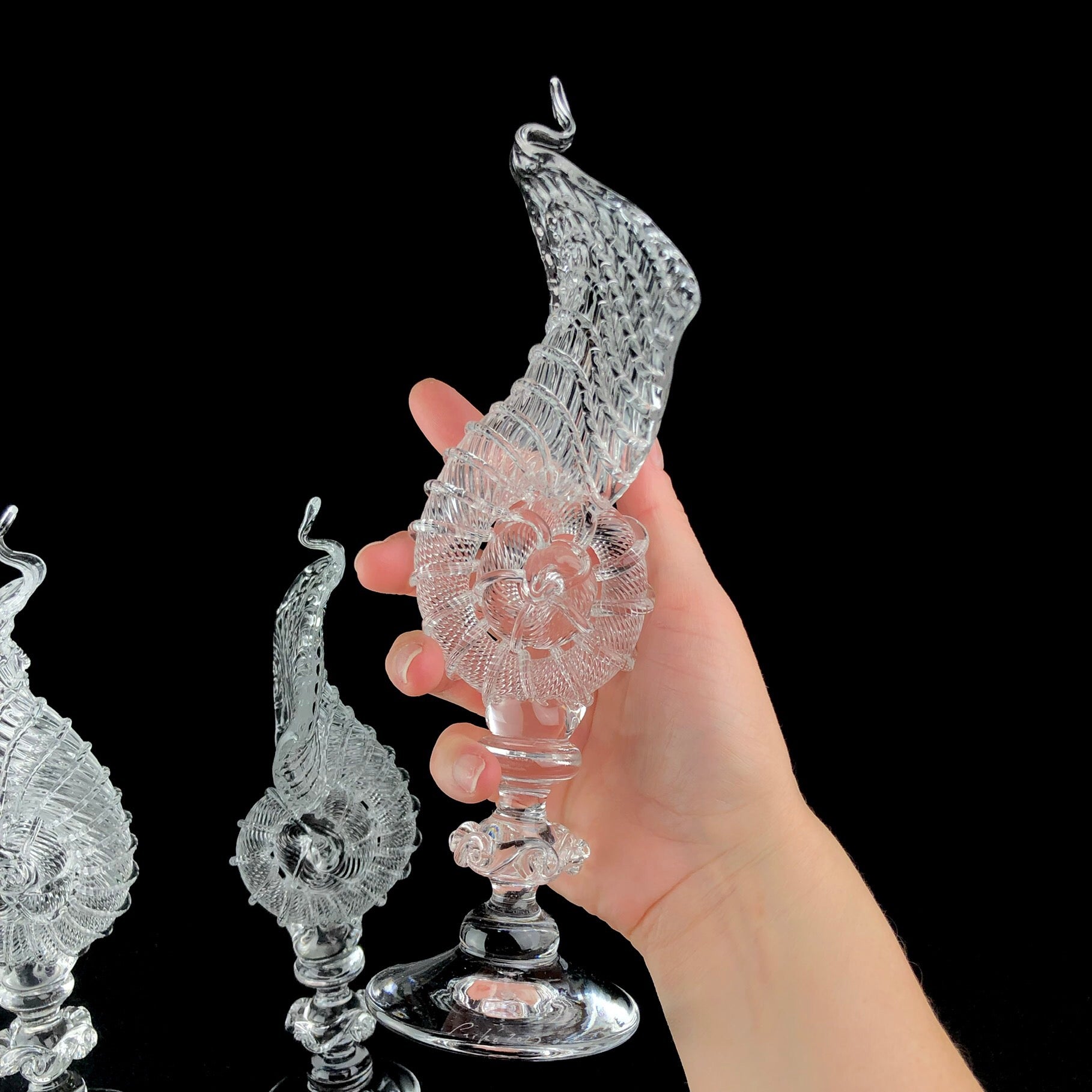 Clear Glass Nautilus Finial shown in hand