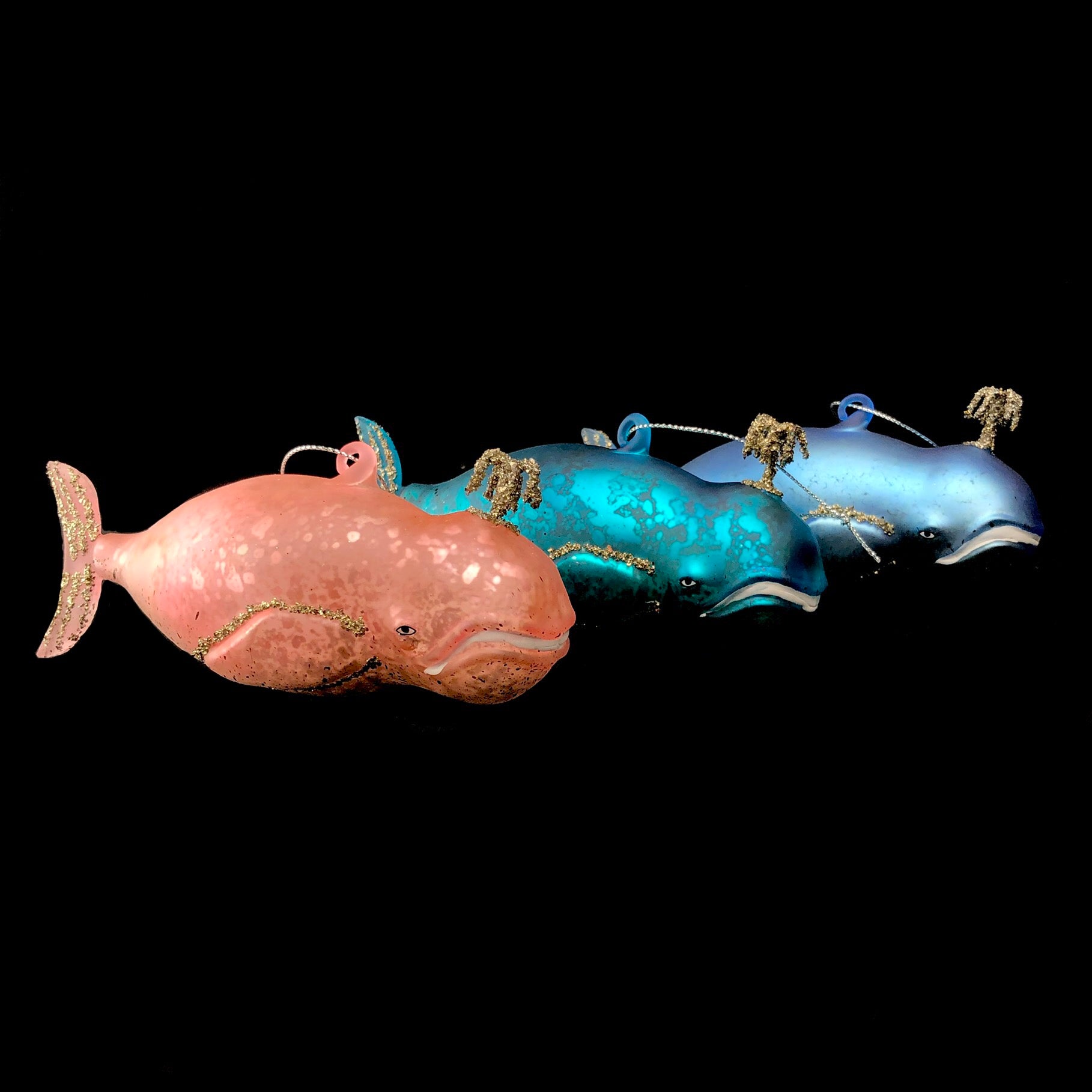 Three Whale Ornaments in Pink, Aqua and Light Blue