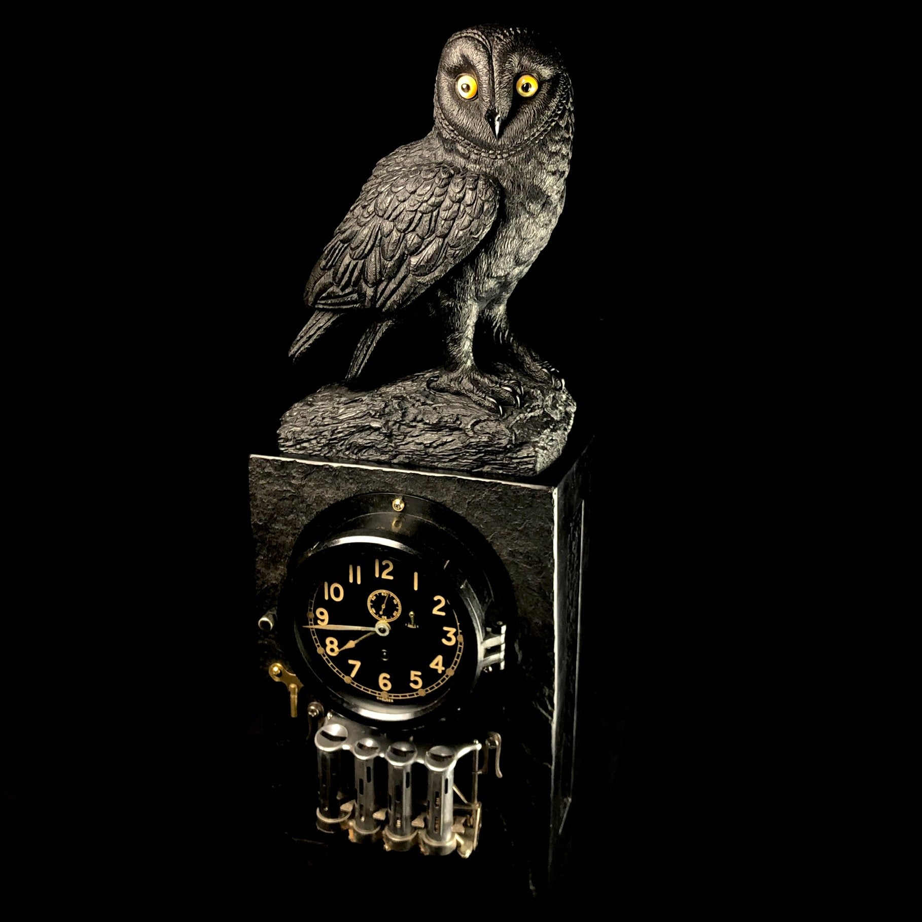 Front angle of Wisdom Time and Change Owl Jet Sculpture