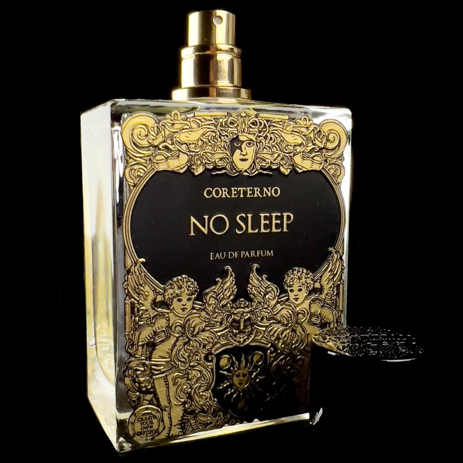 Front view of No Sleep Parfum with cap in foreground