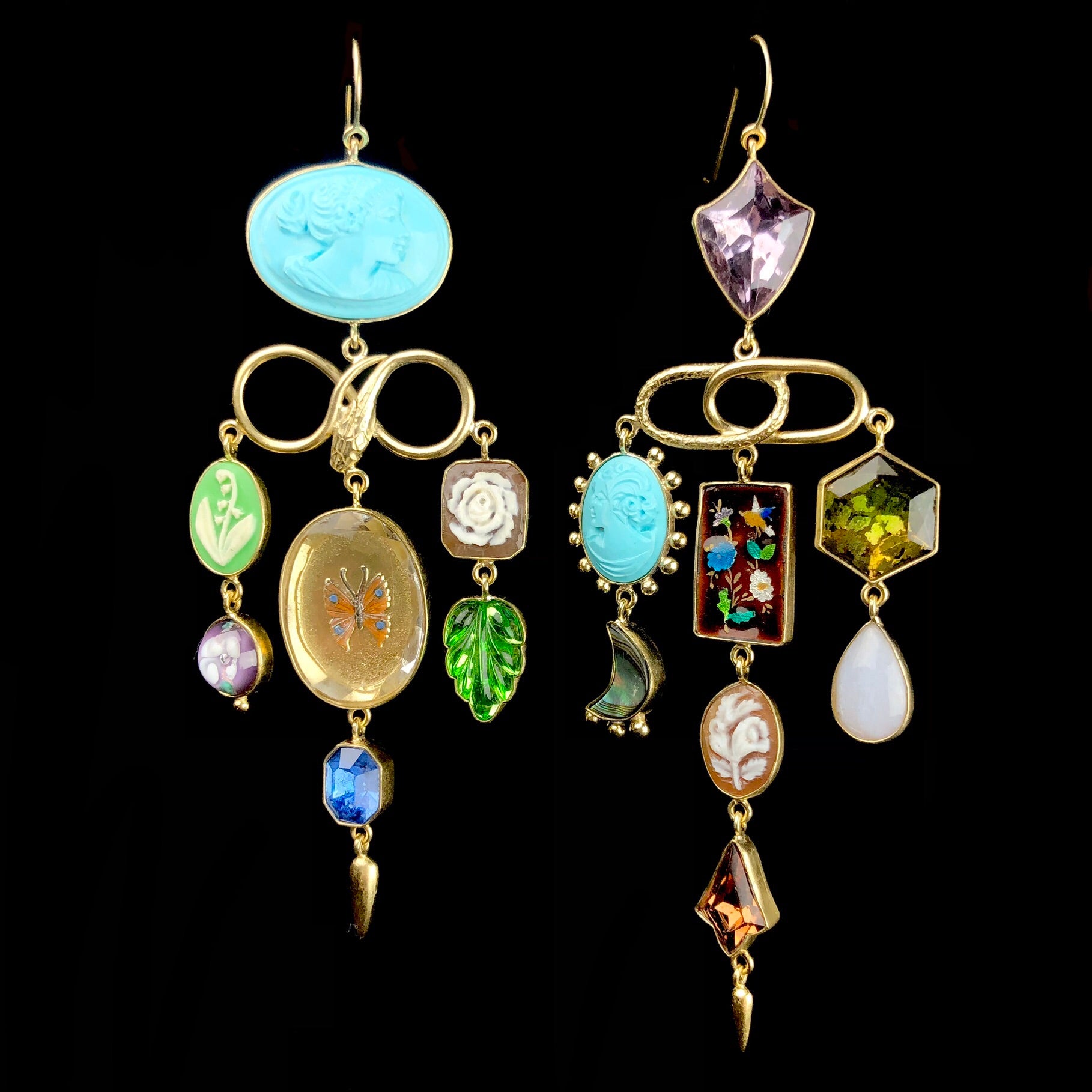 Garden and Serpent Drop Earrings shown hanging side by side