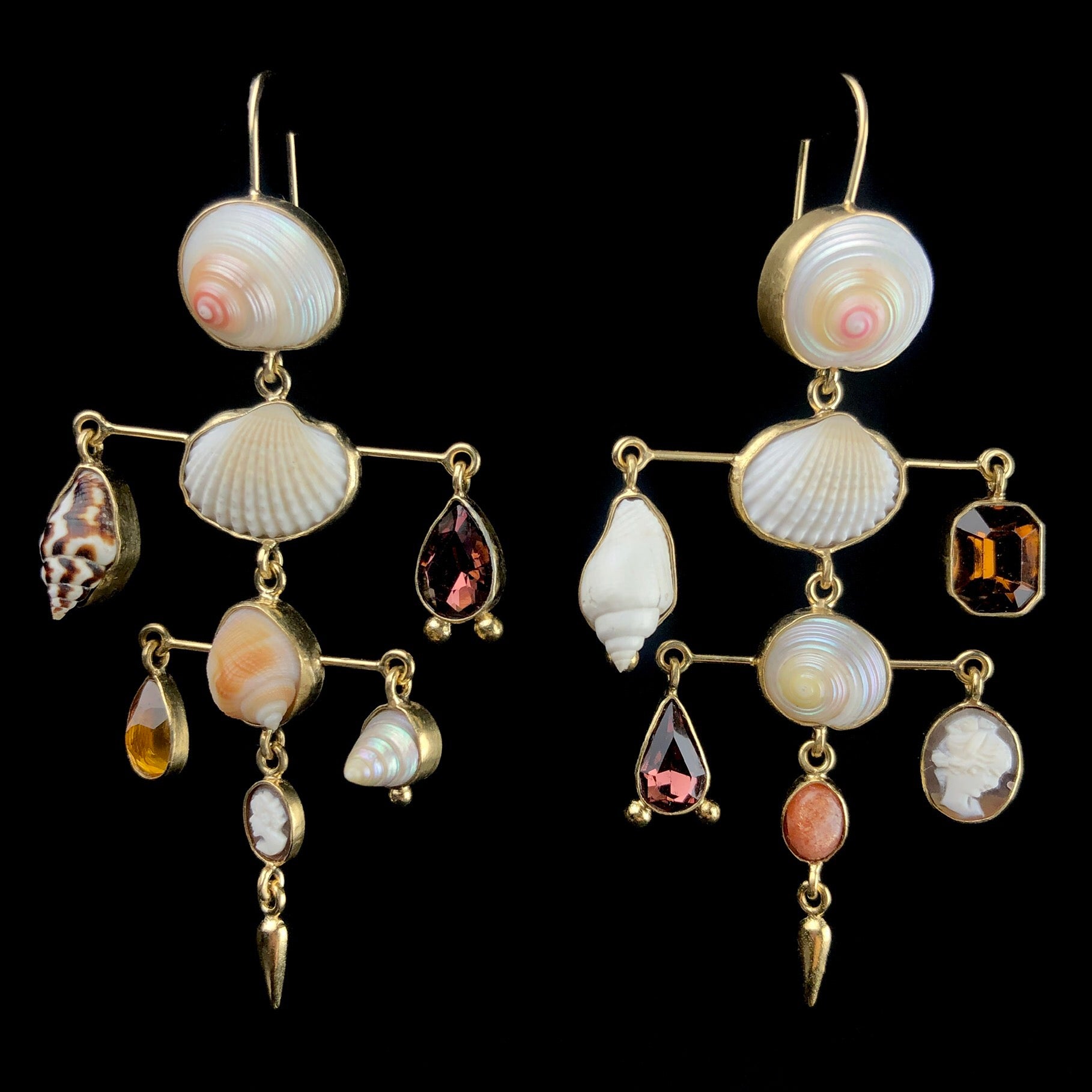 Layered Victorian Shell Earrings shown side by side