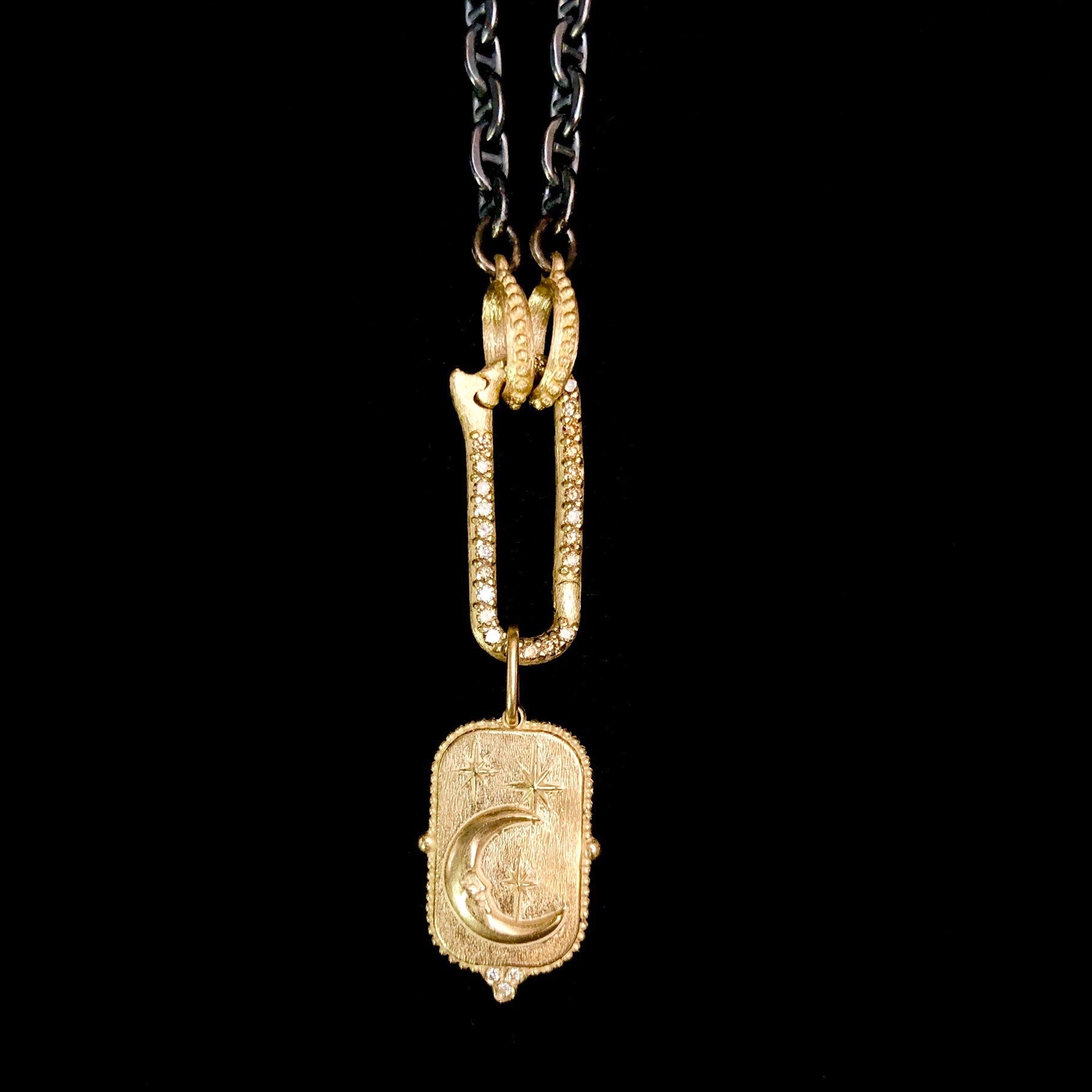 Gold Pave Diamond Paperclip Charm Holder and Chain Clasp with Man in the Moon Charm on Anchor Chain
