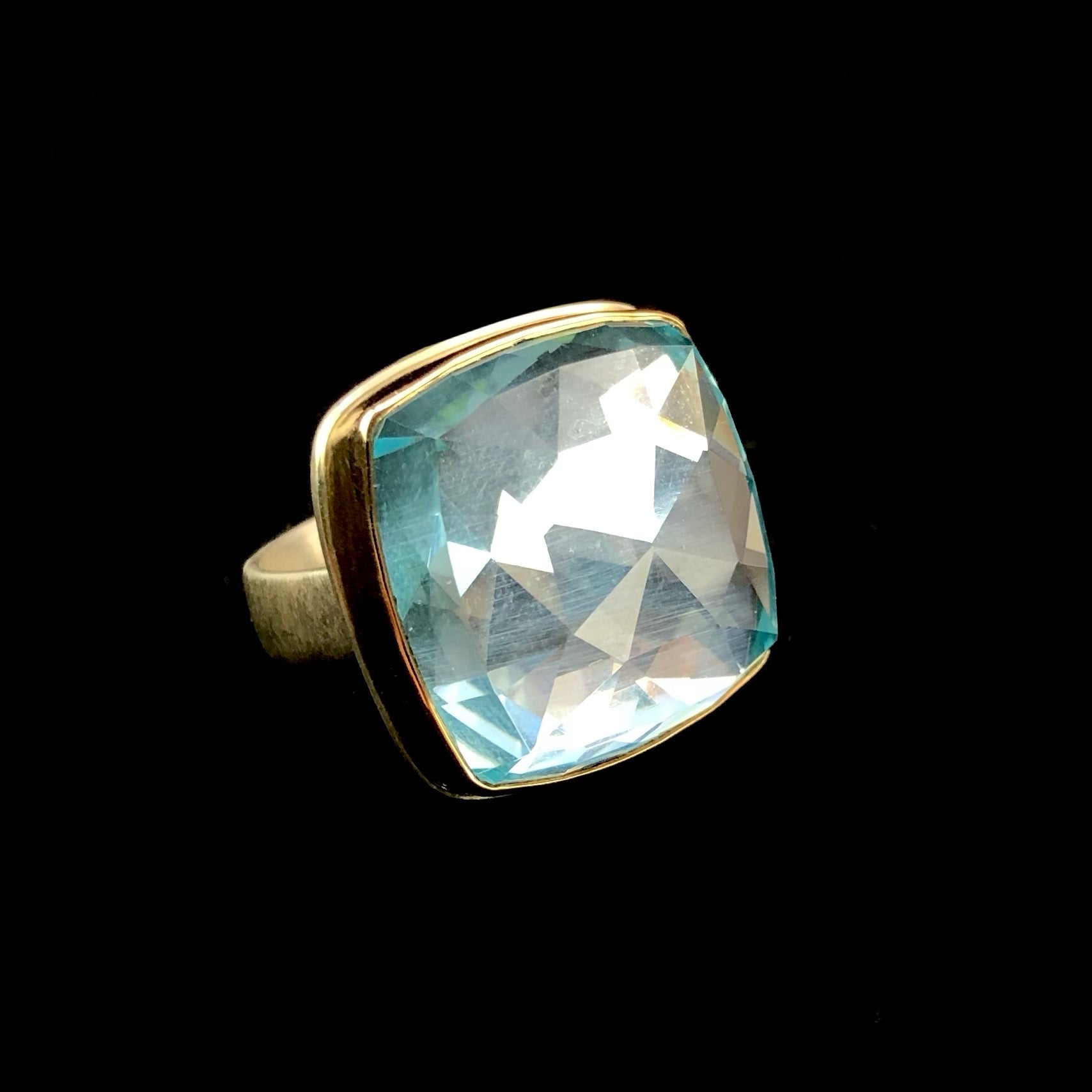 Front side view of rose cut Square Sky Blue Topaz Ring