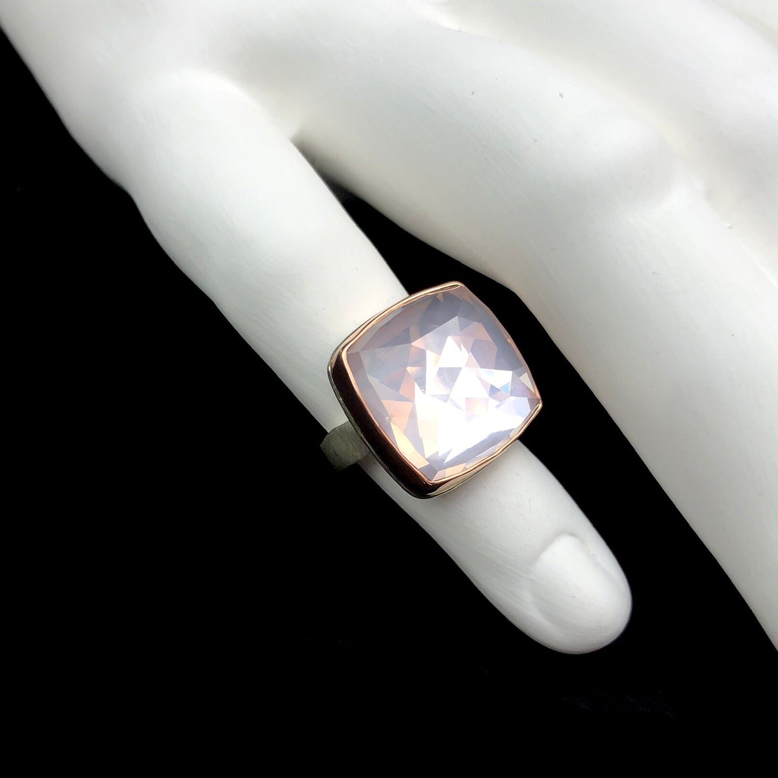 Front side view of Square Rose Quartz ring with view of rose cut facets