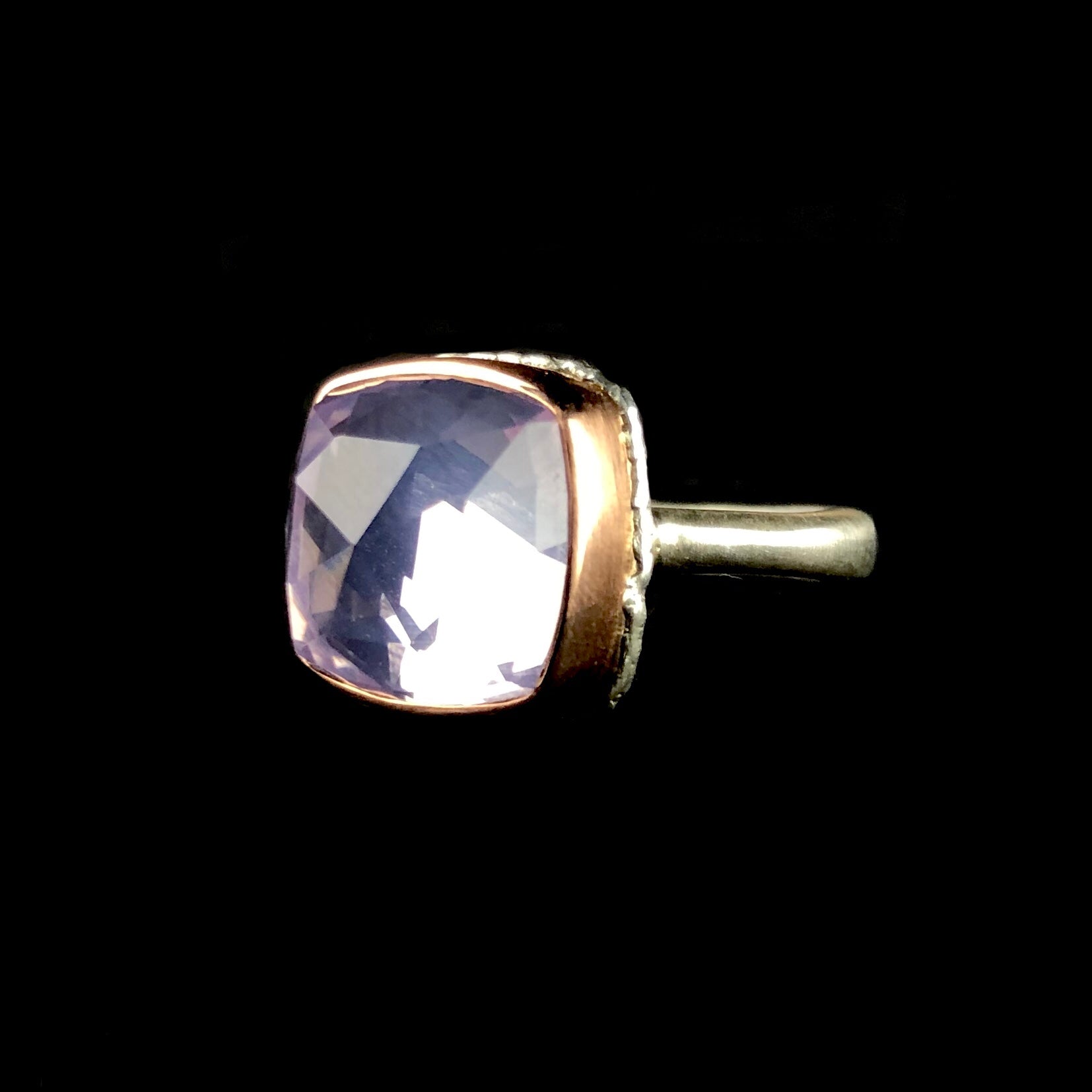 Side of lavender amethyst stone ring with detail view of Lava setting and Egyptian band
