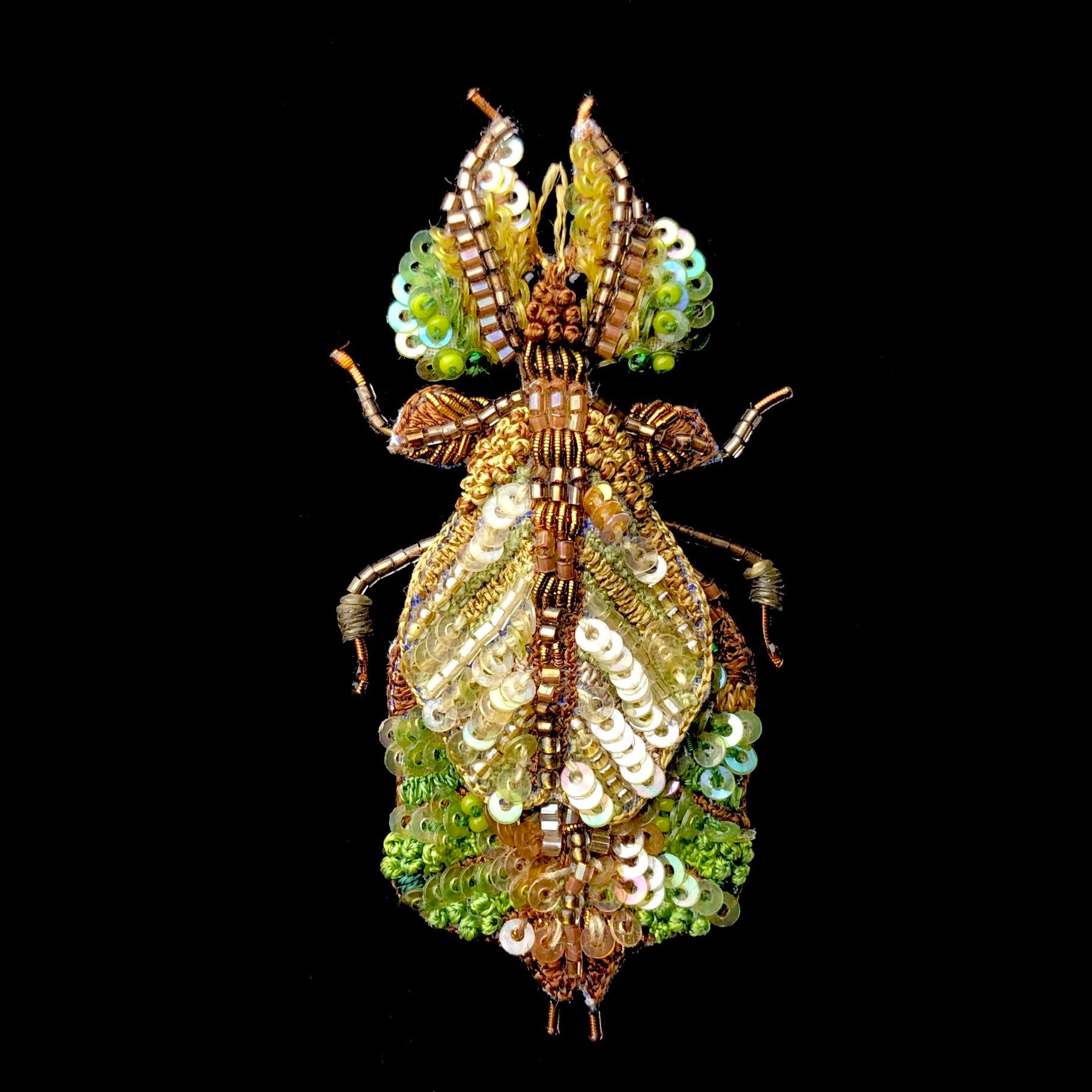 Embroidered Leaf Bug with green, brown and yellow reflective beads