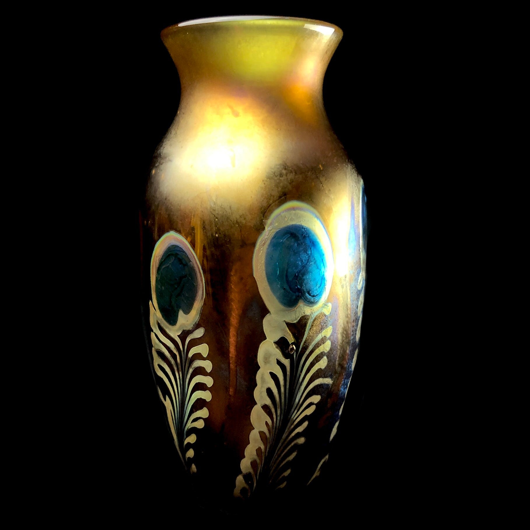 Front view of Amber Peacock Vase