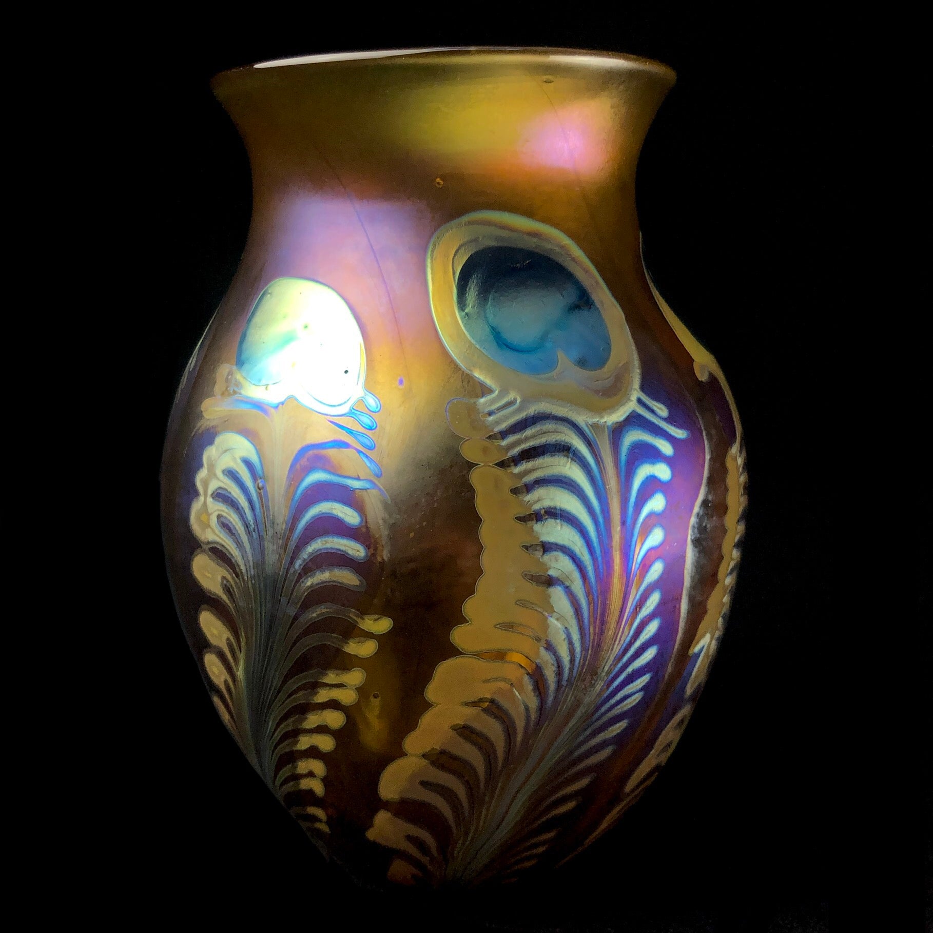 Front view of Large Amber Peacock Vase 