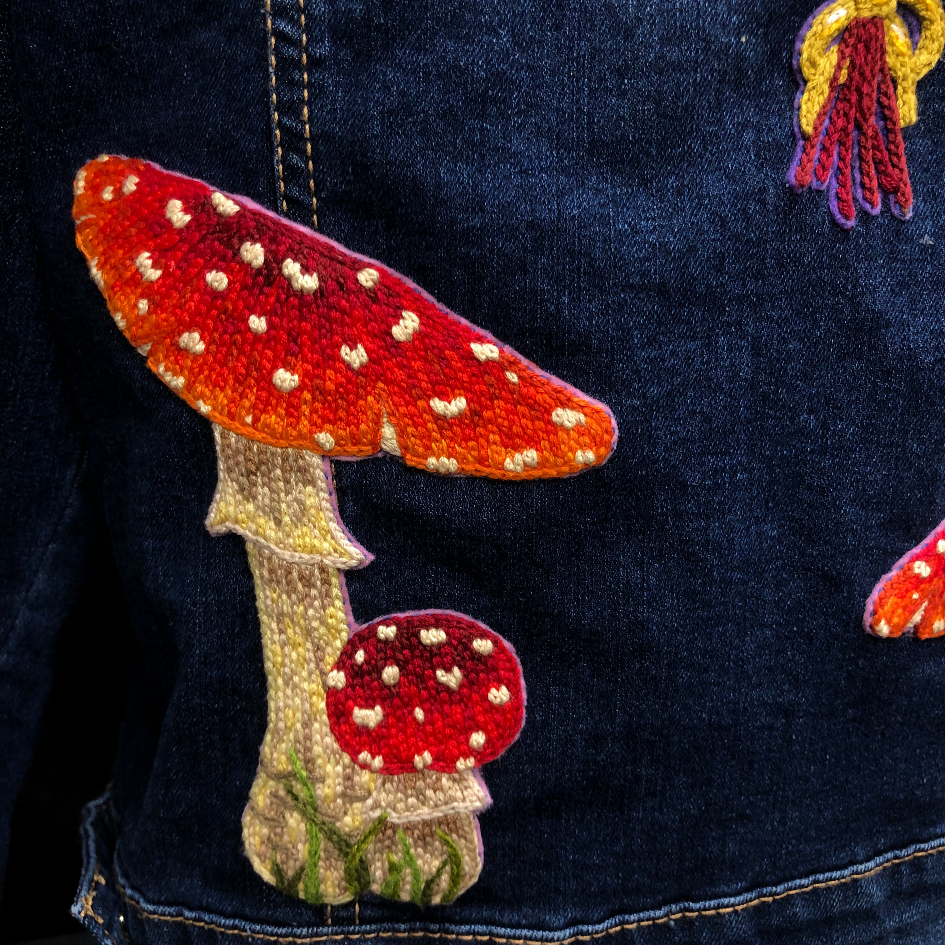 Detail view of Amanita muscaria red and white mushroom patch