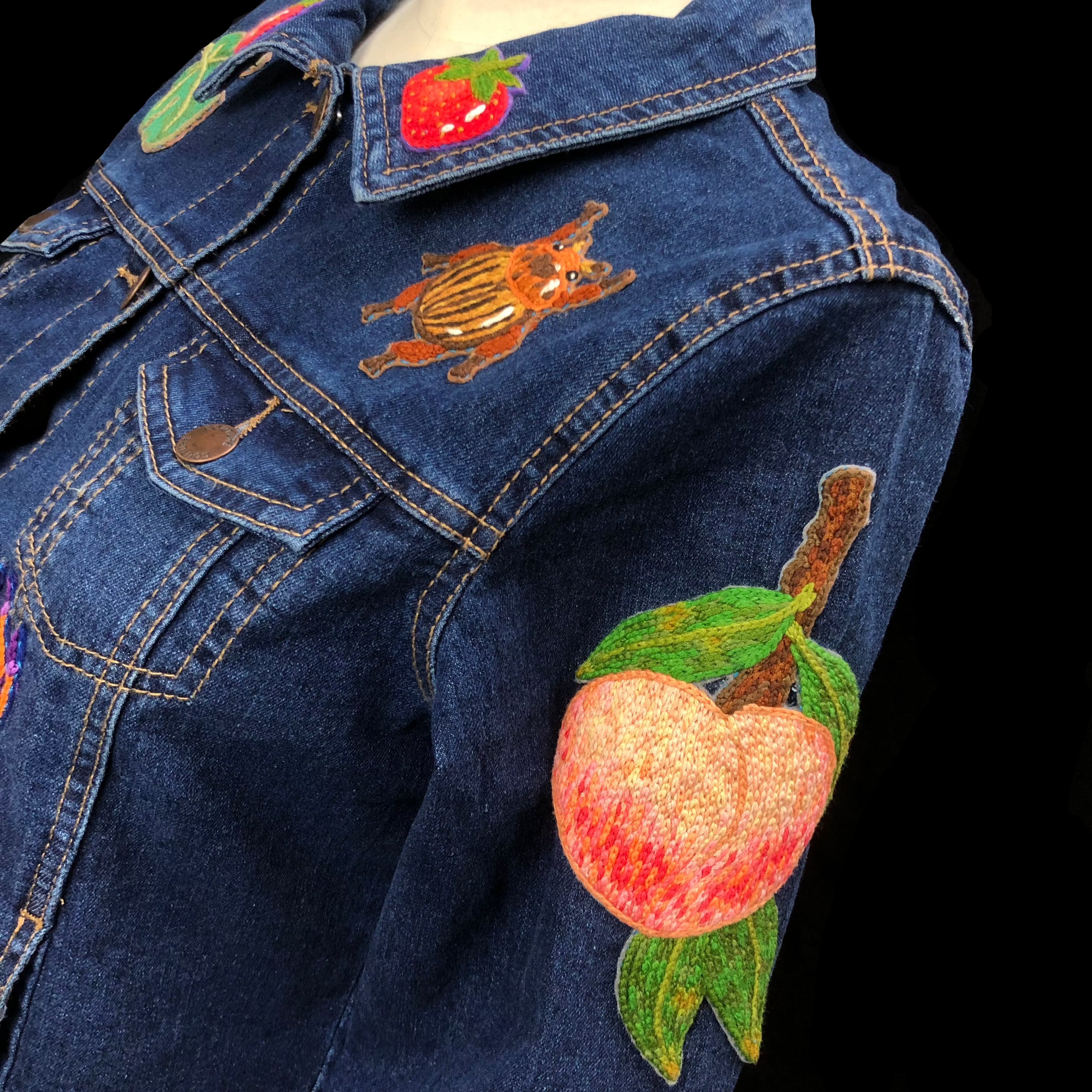 Detail view of brown beetle and peach on left side of Mushroom Jacket