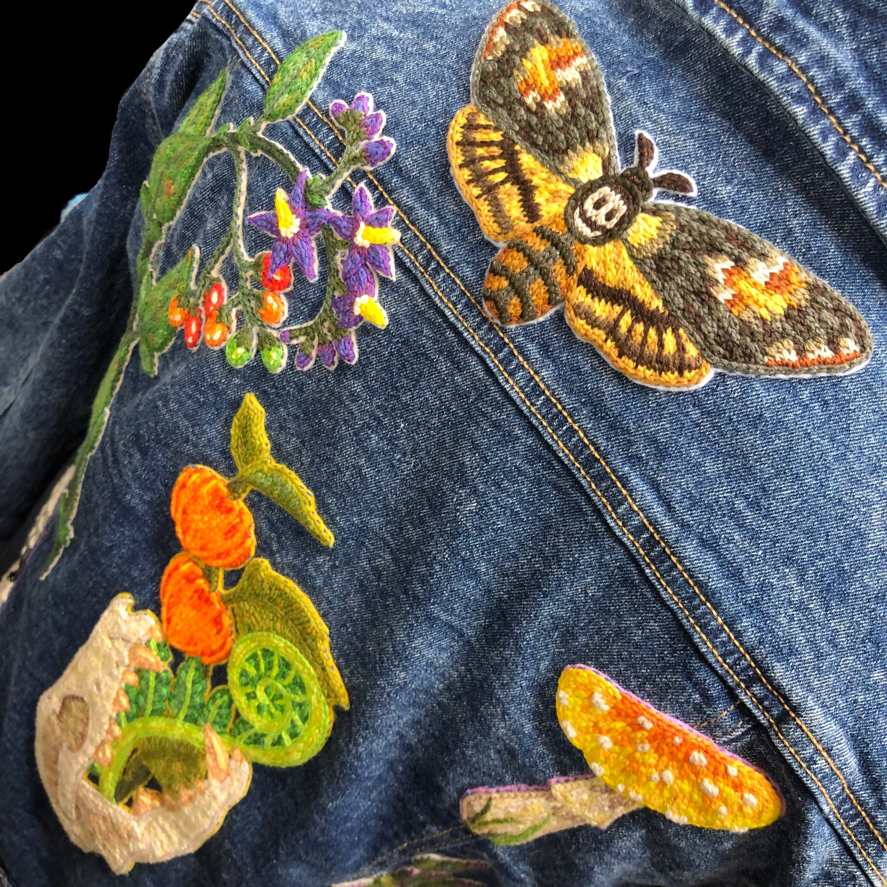 Detail view of Death's Head Moth and flowering nightshade plant patches