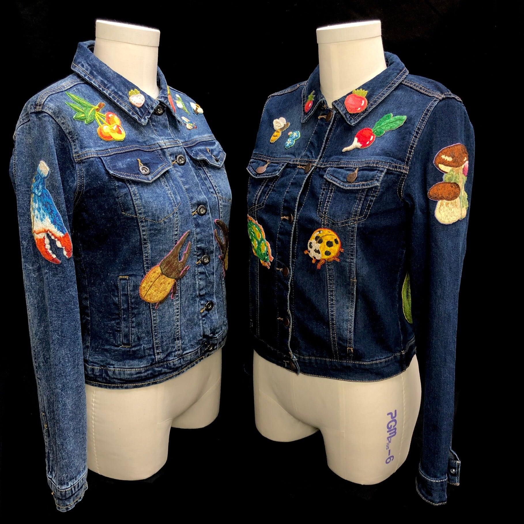 Beetle Jacket with Comet Moth Jacket to the right, both size small with different washes