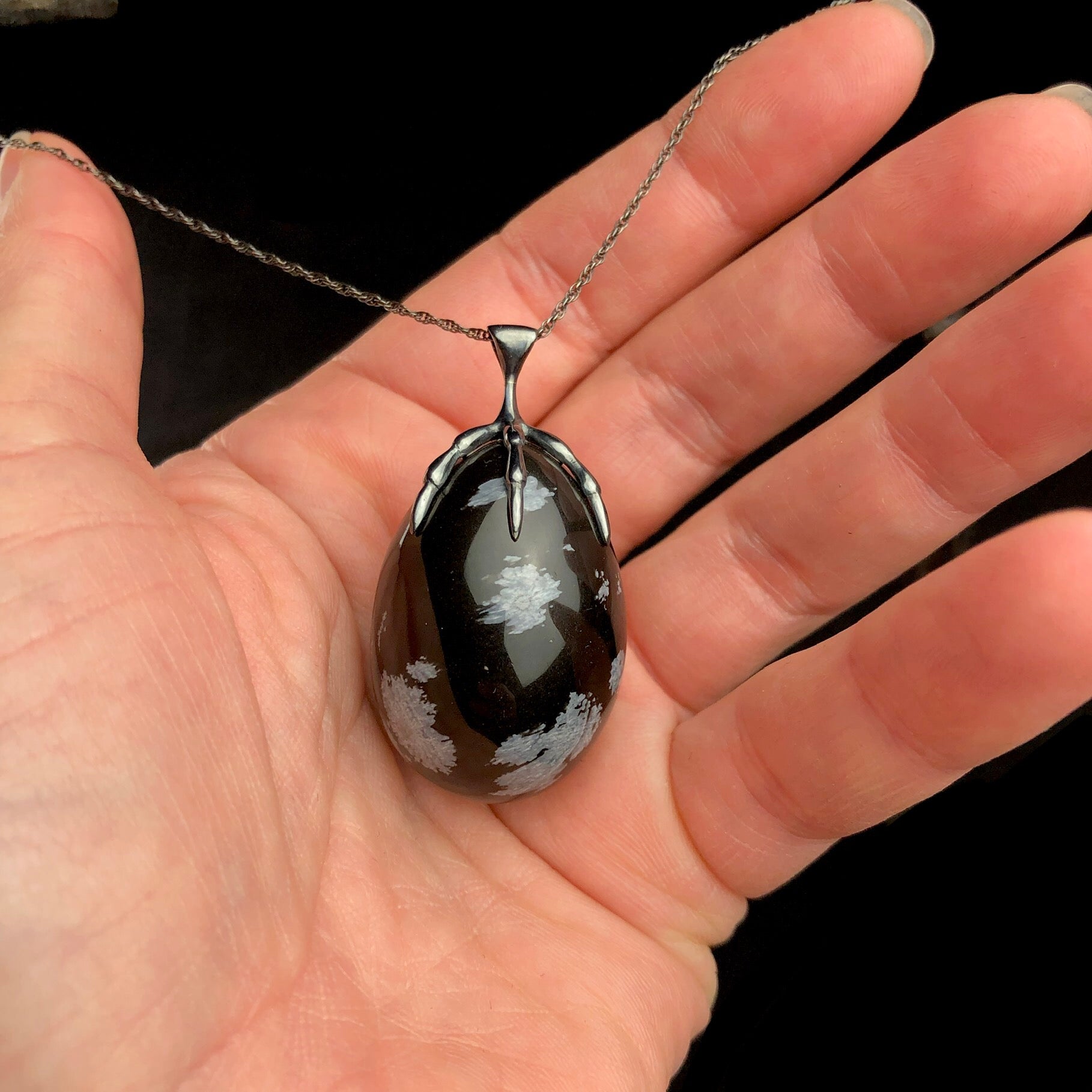 Black Egg Shaped stone held by a bird claw on black chain shown in hand