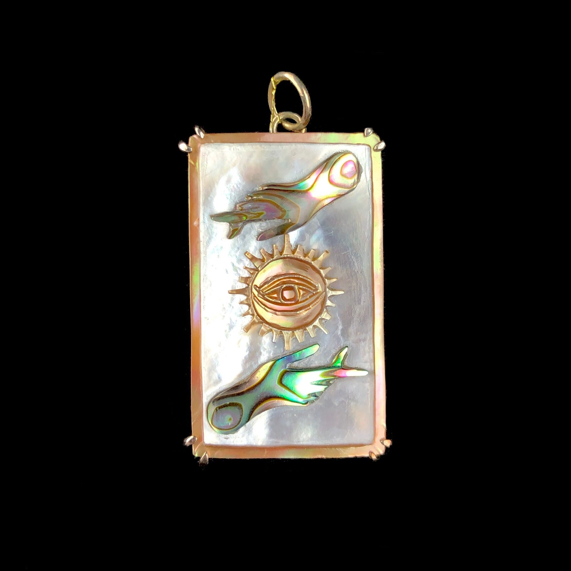 Front view of Sun Tarot Card Charm pendant set in silver