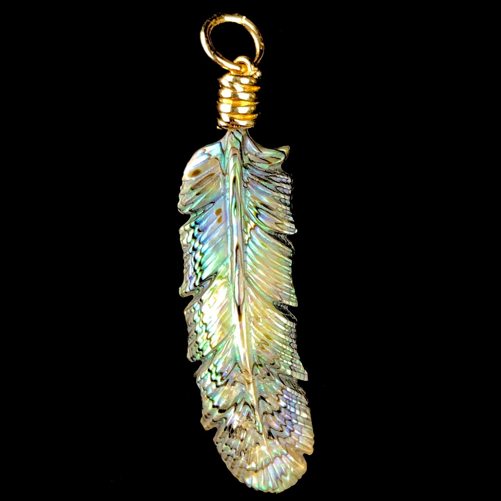 Back view of Luminescent Feather charm with yellow, green, blue and silver of abalone shell