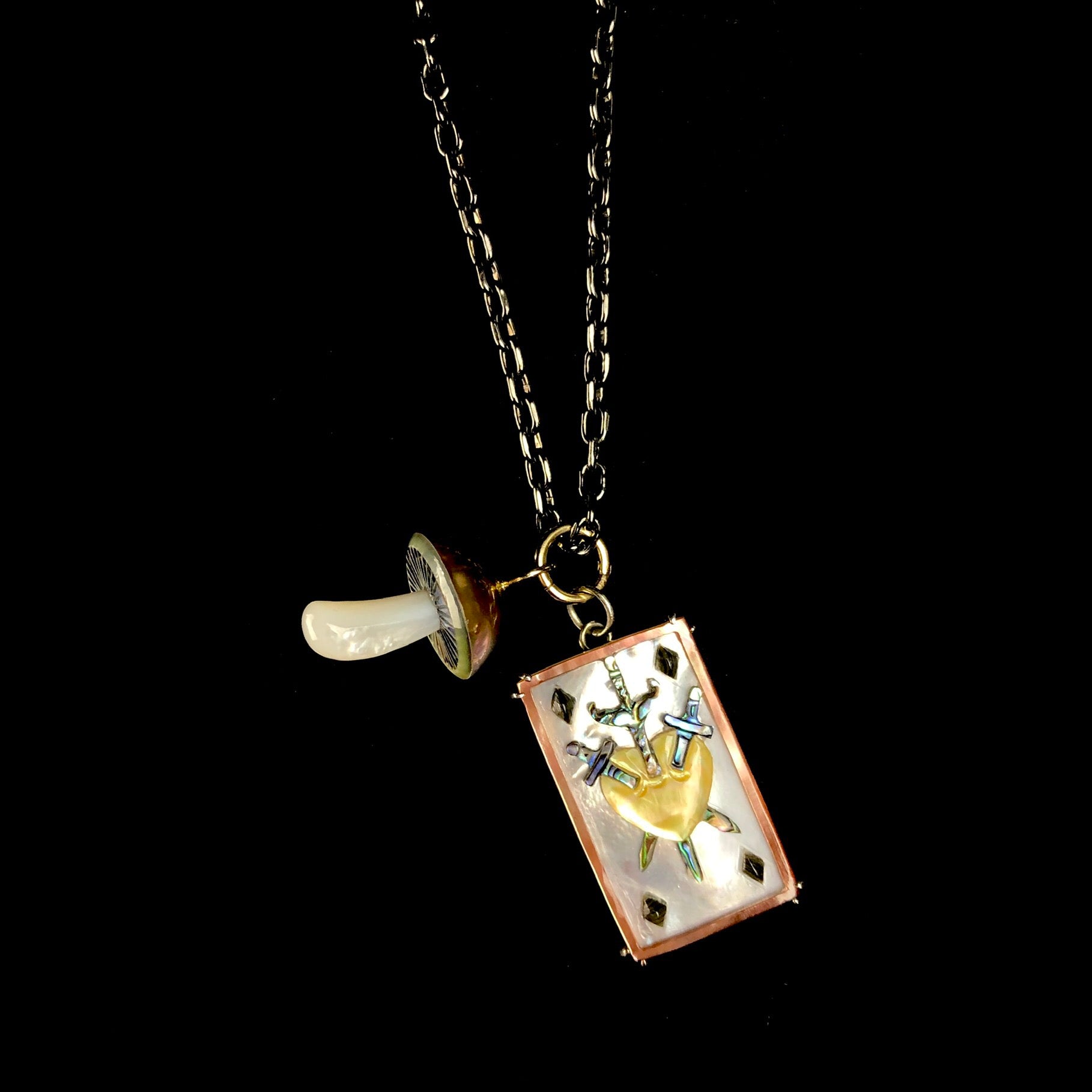 Three of Swords Tarot Card Charm on chain with mushroom charm