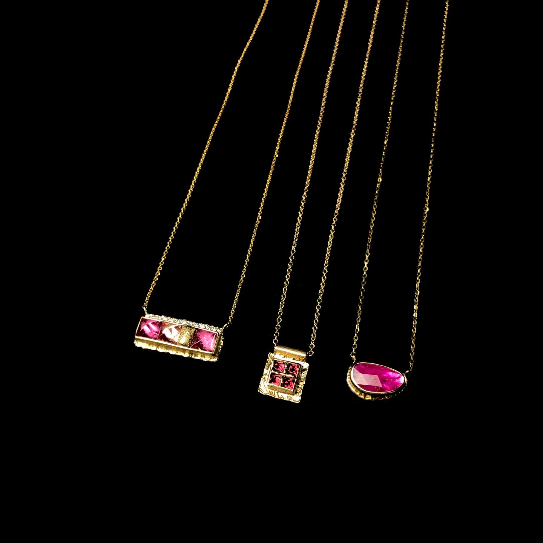 Tourmaline Ruffled Gold Bar Necklace shown with two other Jamie Joseph peices