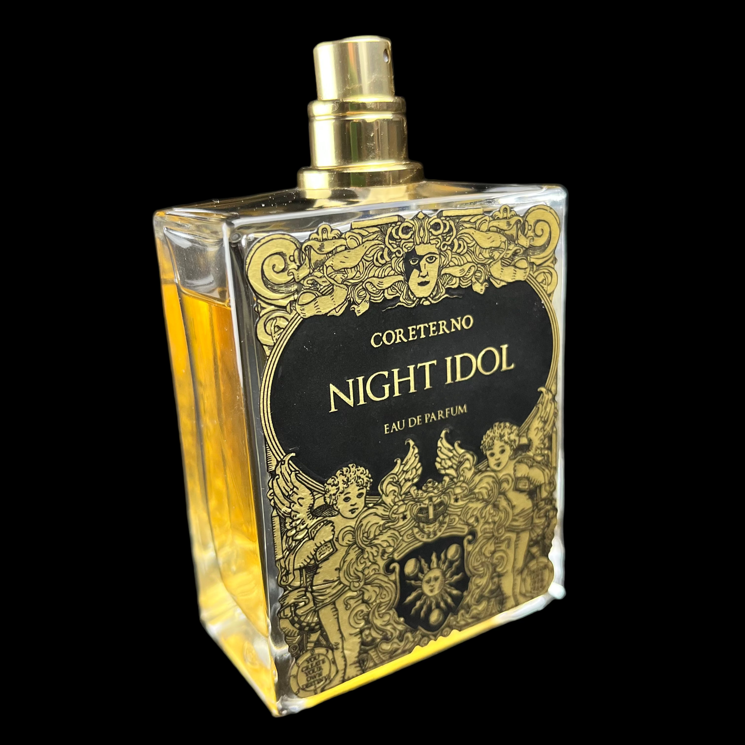 Perfume bottle labeled 'NIGHT IDOL' by Coreterno on a dark background