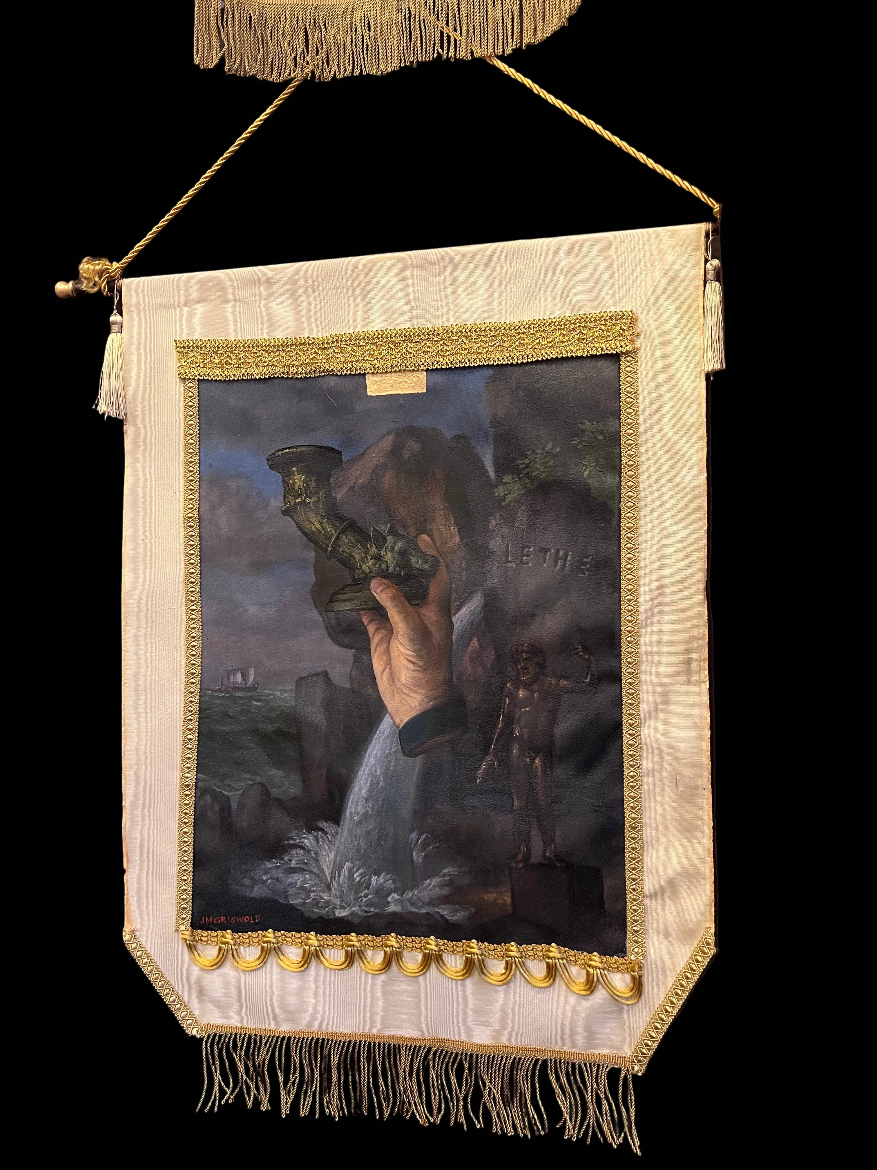 Decorative painting of a hand holding a candle in an ornate frame on a dark background