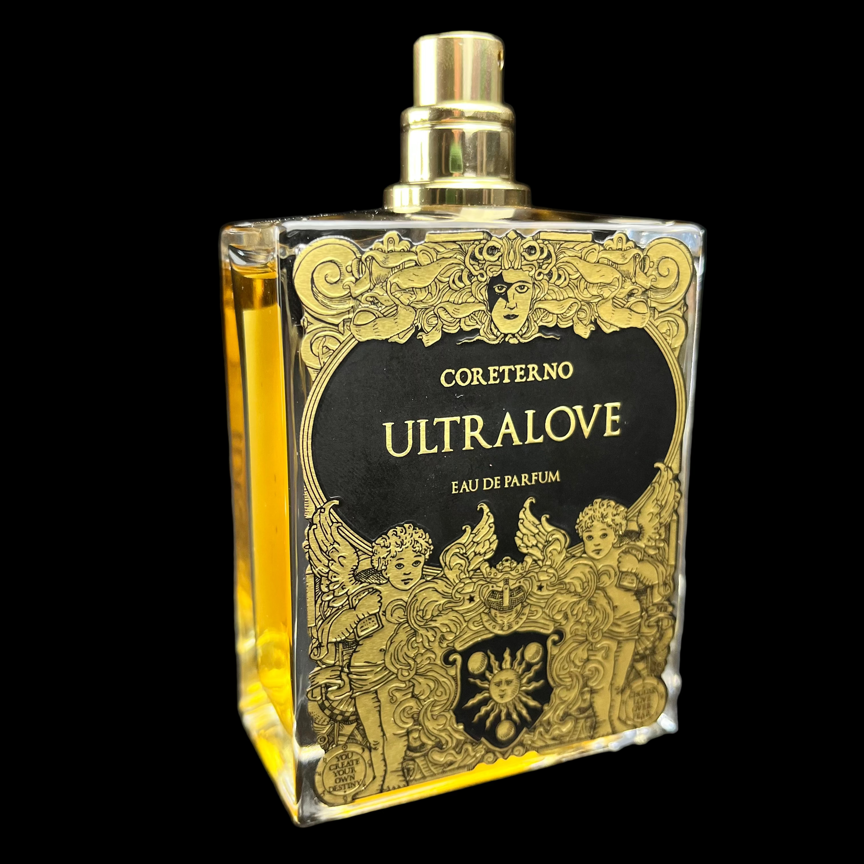 Perfume bottle with decorative label on a dark background