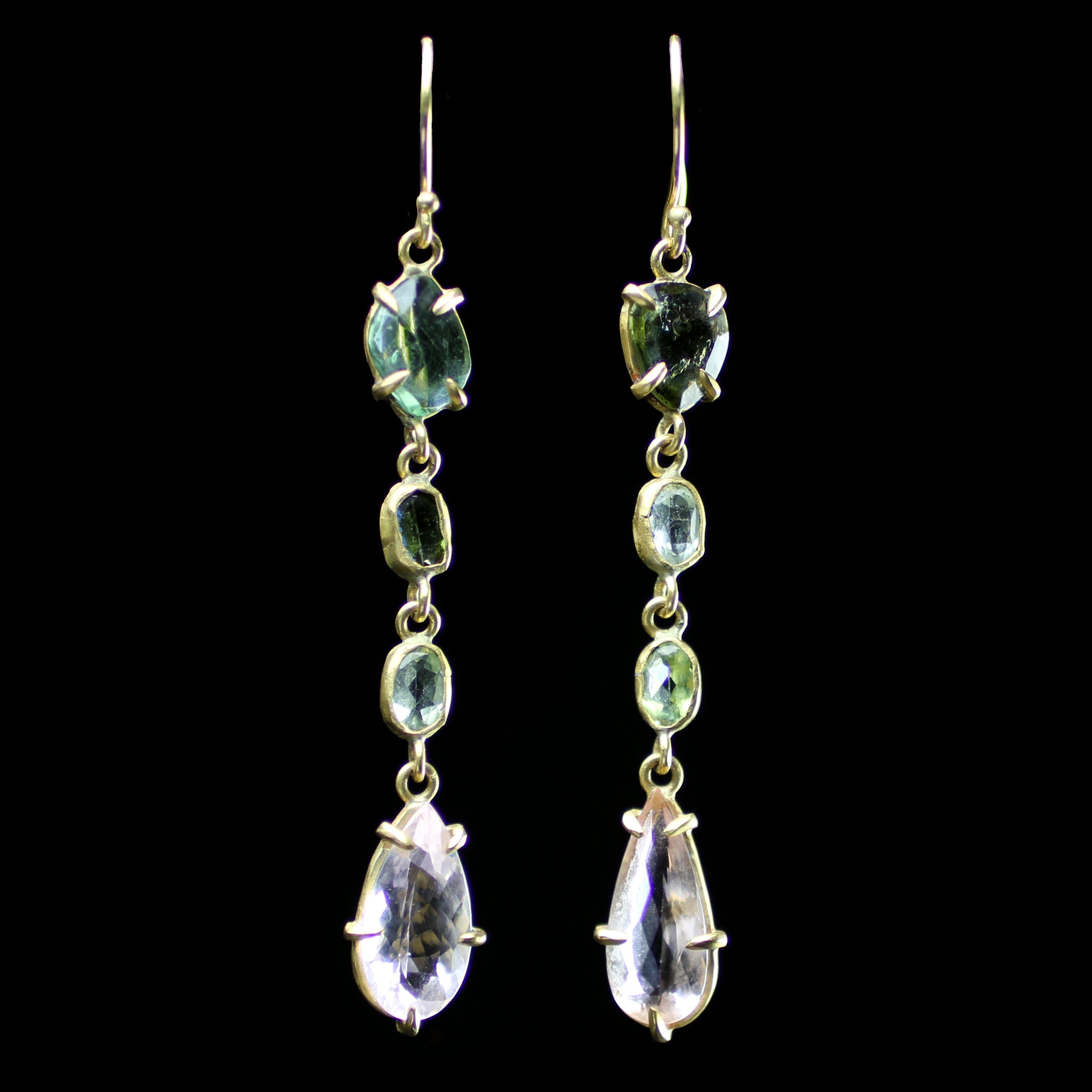 22k gold morganite and green tourmaline earrings hand made by fine jewelry designer Margery Hirschey