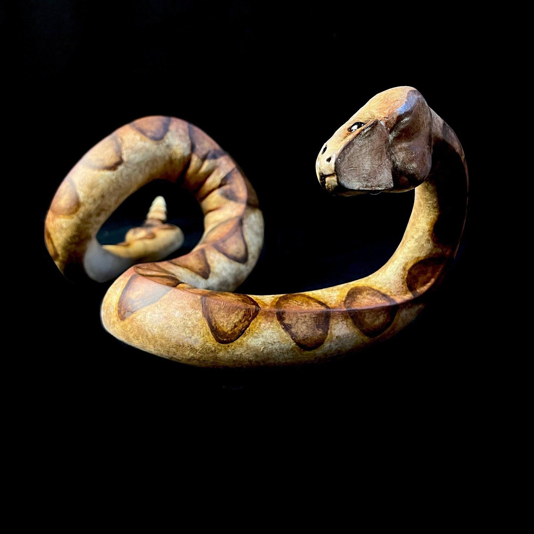 Top view of snake sculpture to show depth and painted pattern detail