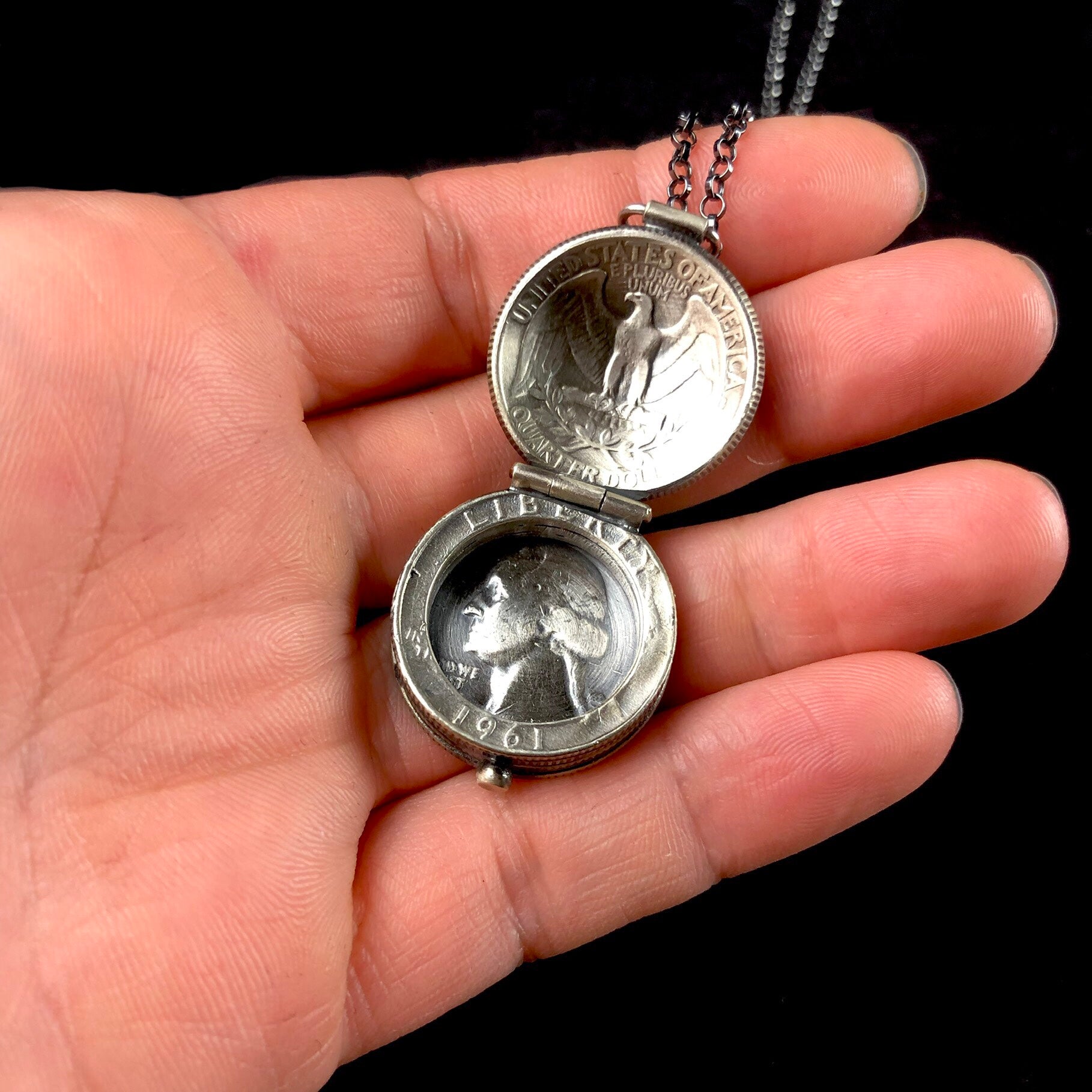 Quarter Locket Coin Necklace shown open in hand for size reference