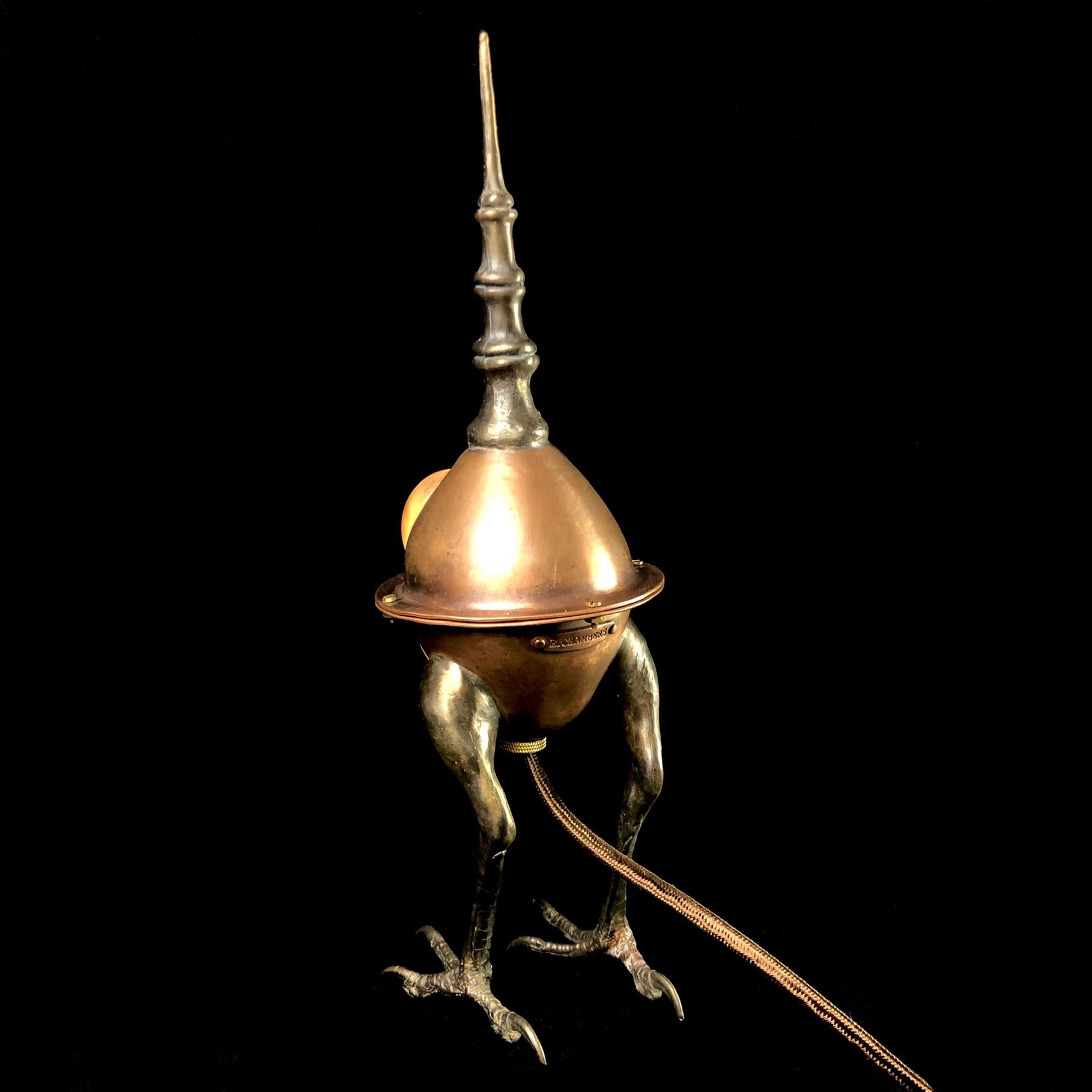Back view of Cicada Lamp with Chamber's name stamped on affixed metal tag