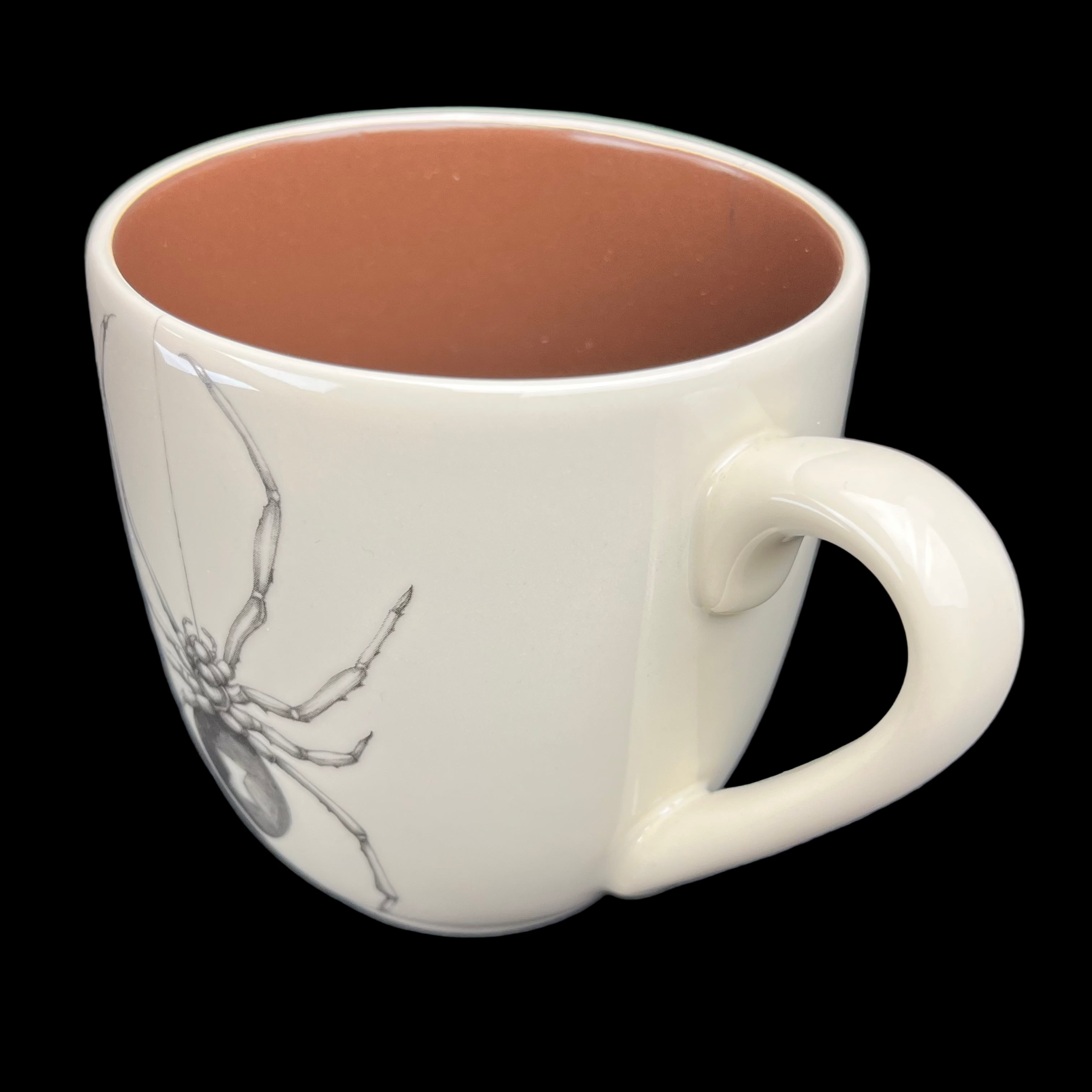 White mug with a spider design on a dark background