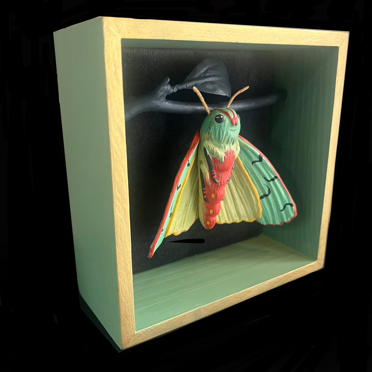 Moth sculpture in wooden box painted in greens, yellows and reds. 