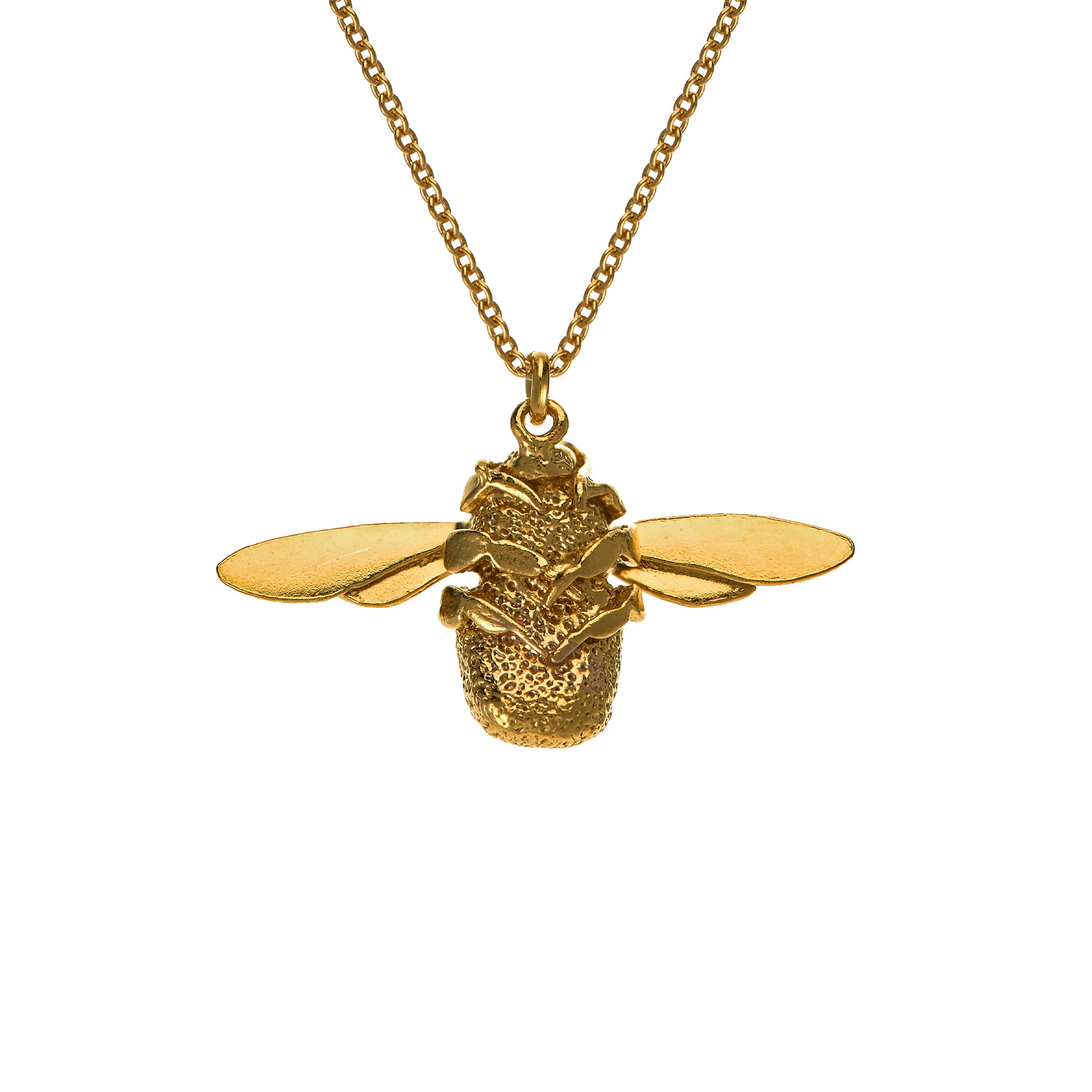 Gold bee pendant necklace on a white background