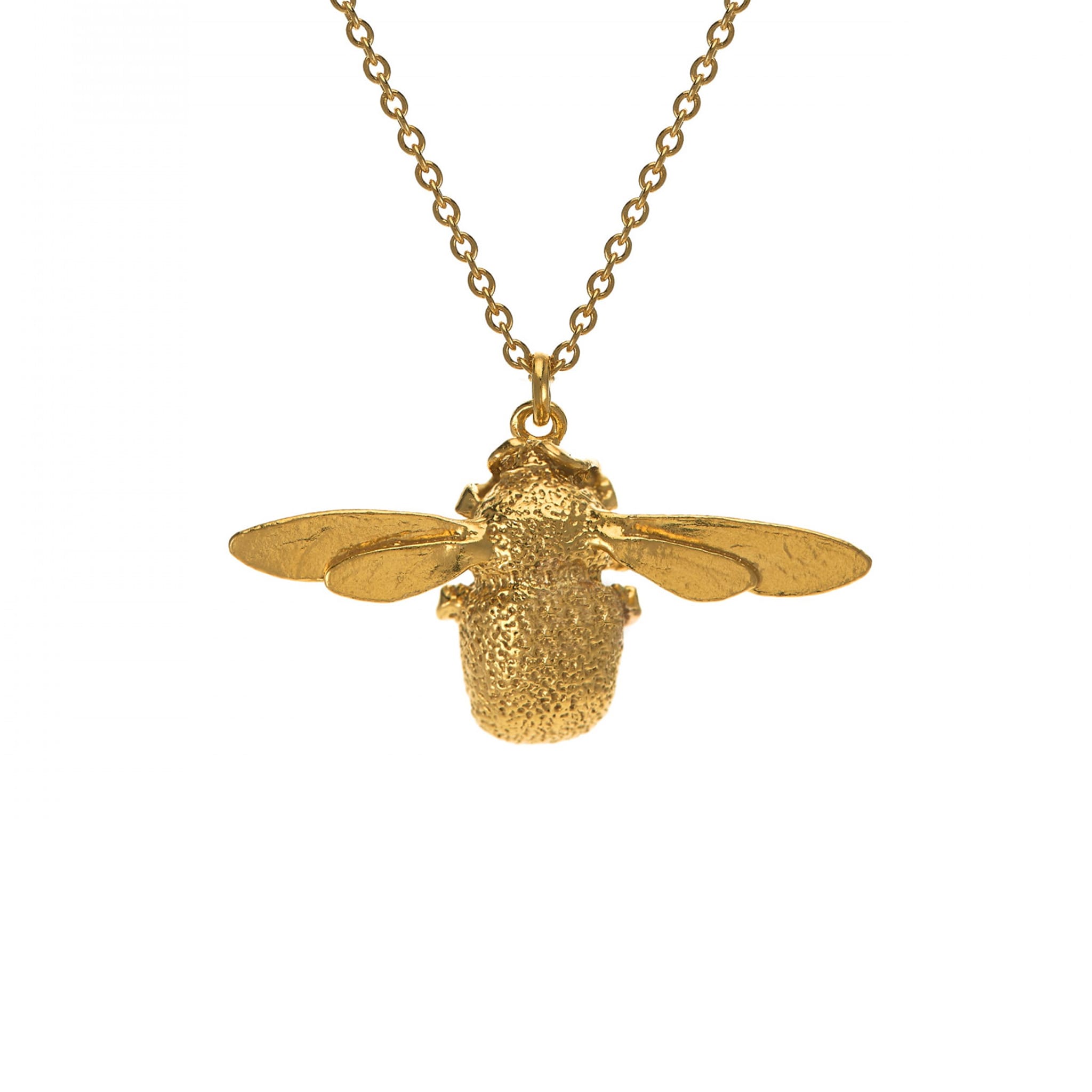 Gold bee pendant necklace on a white background