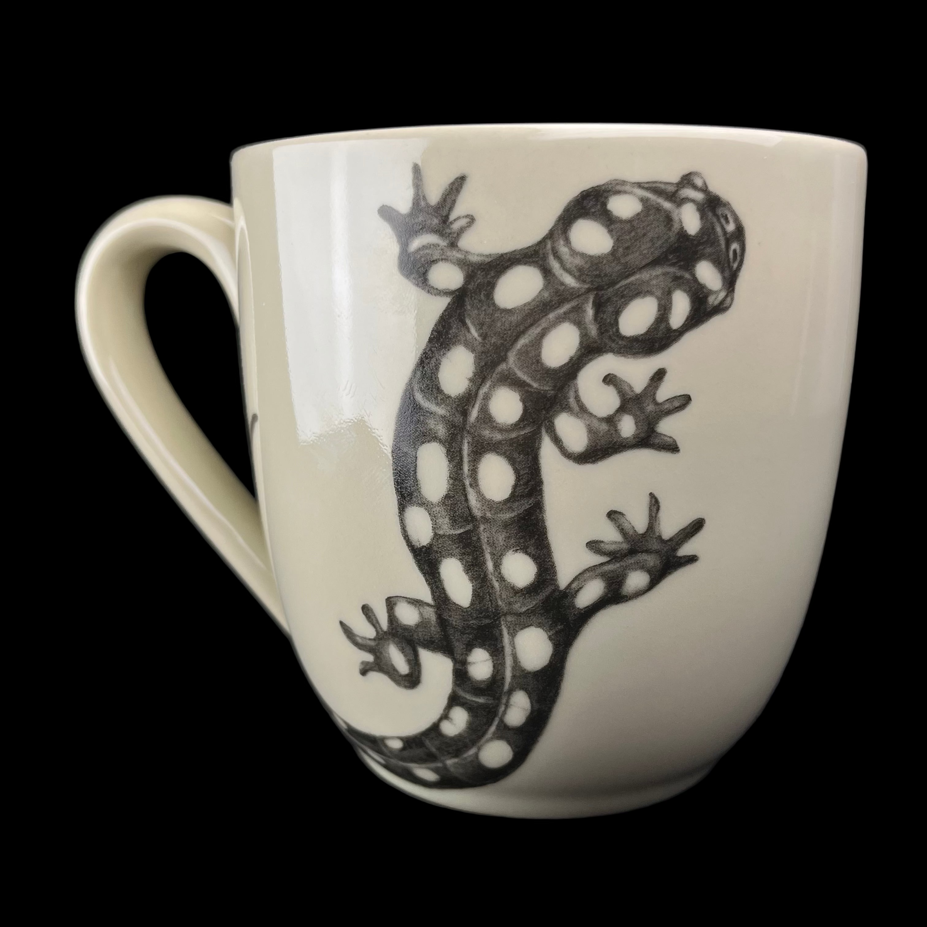 White mug with a black and white salamander design on a dark background