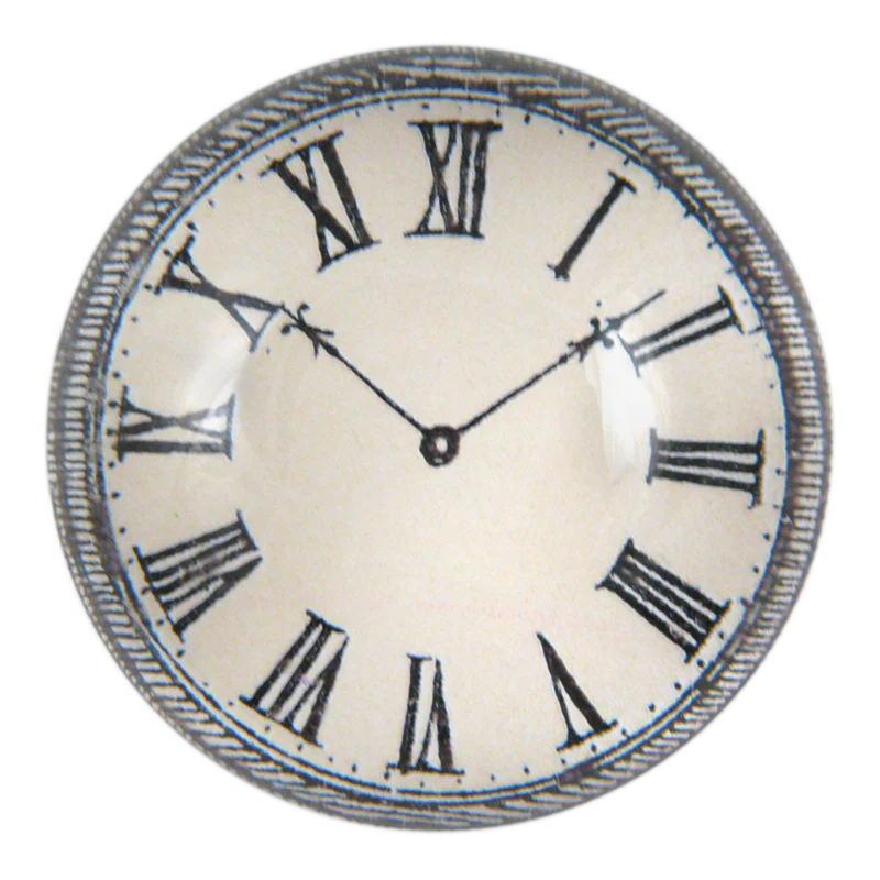 Round clock face with Roman numerals on a white background