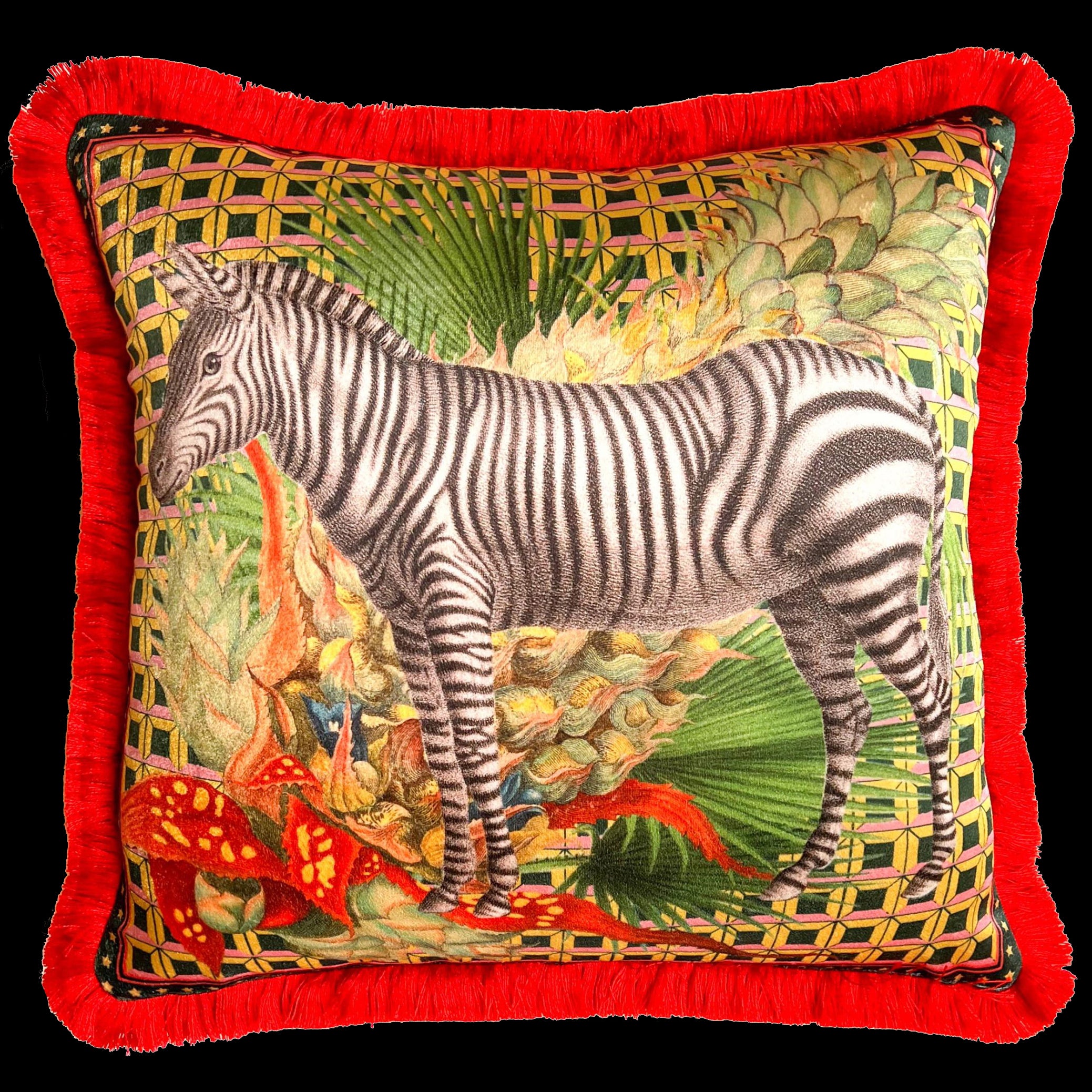 Front view of zebra cushion with colorful red, green, yellow and pink accents.