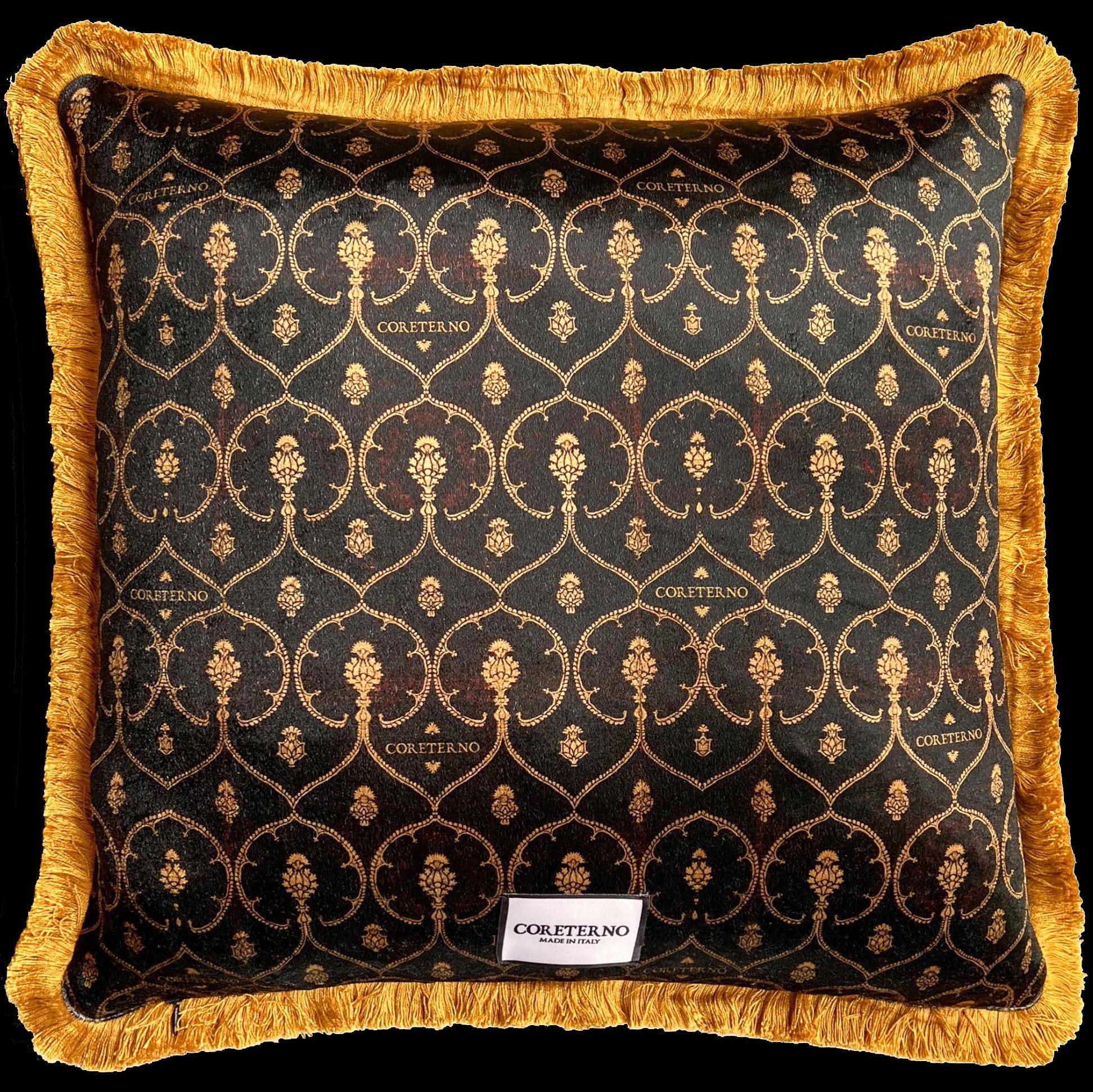 Back side of cushion with black and gold victorian style pattern
