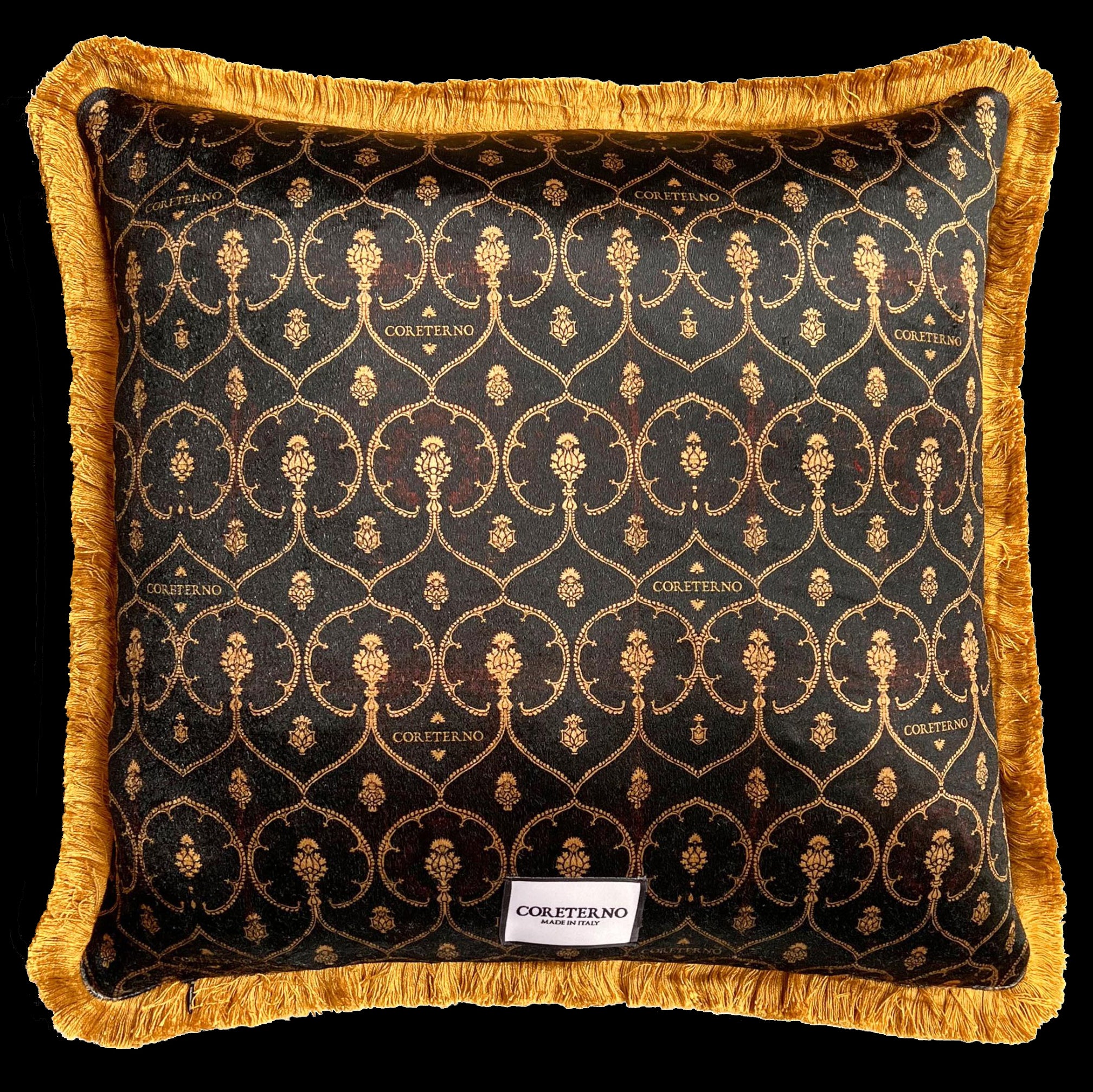 Back view of cushion with victorian inspired gold and black pattern